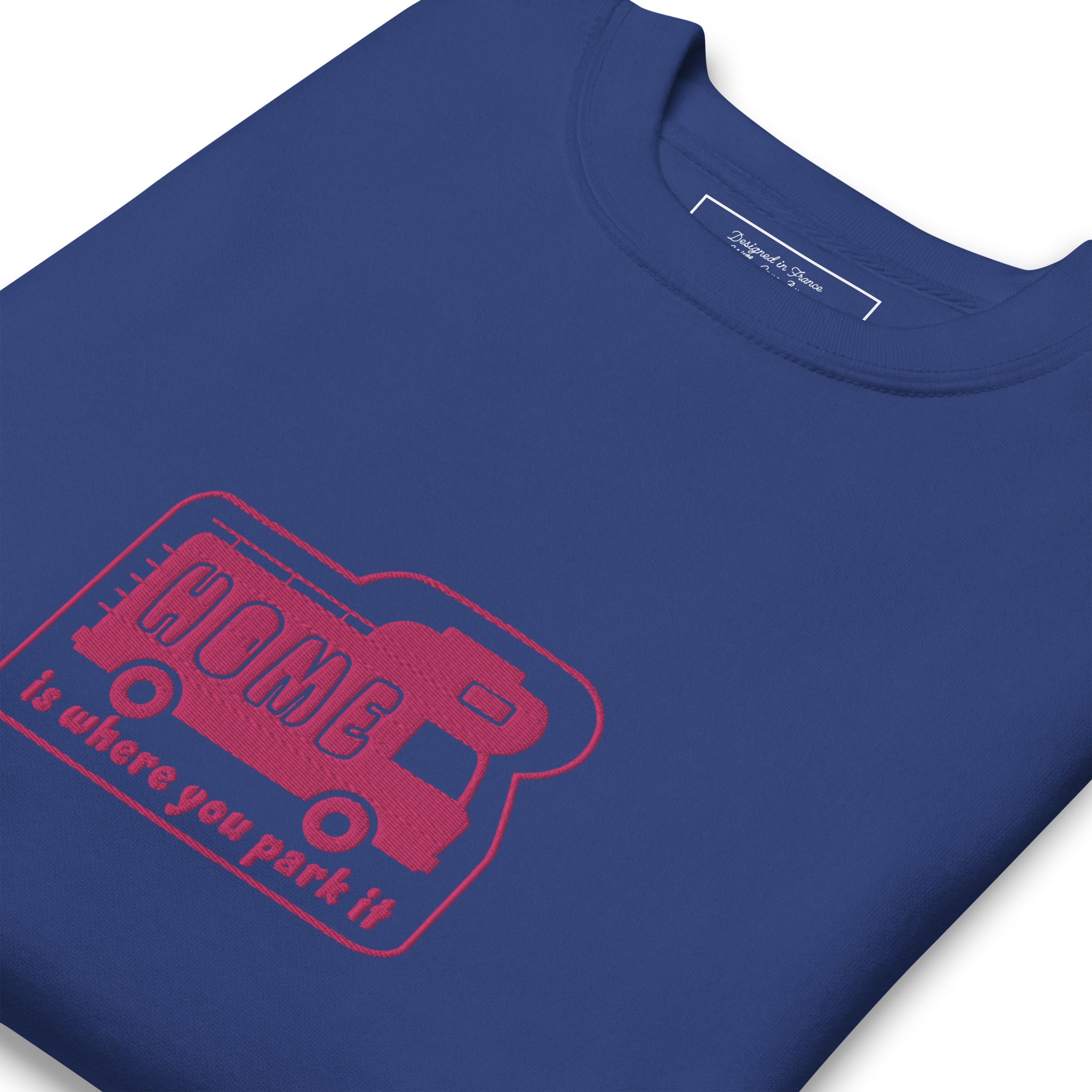 Unisex Premium Sweatshirt Bold Camper Van Home is where you park it flamingo embroidered pattern