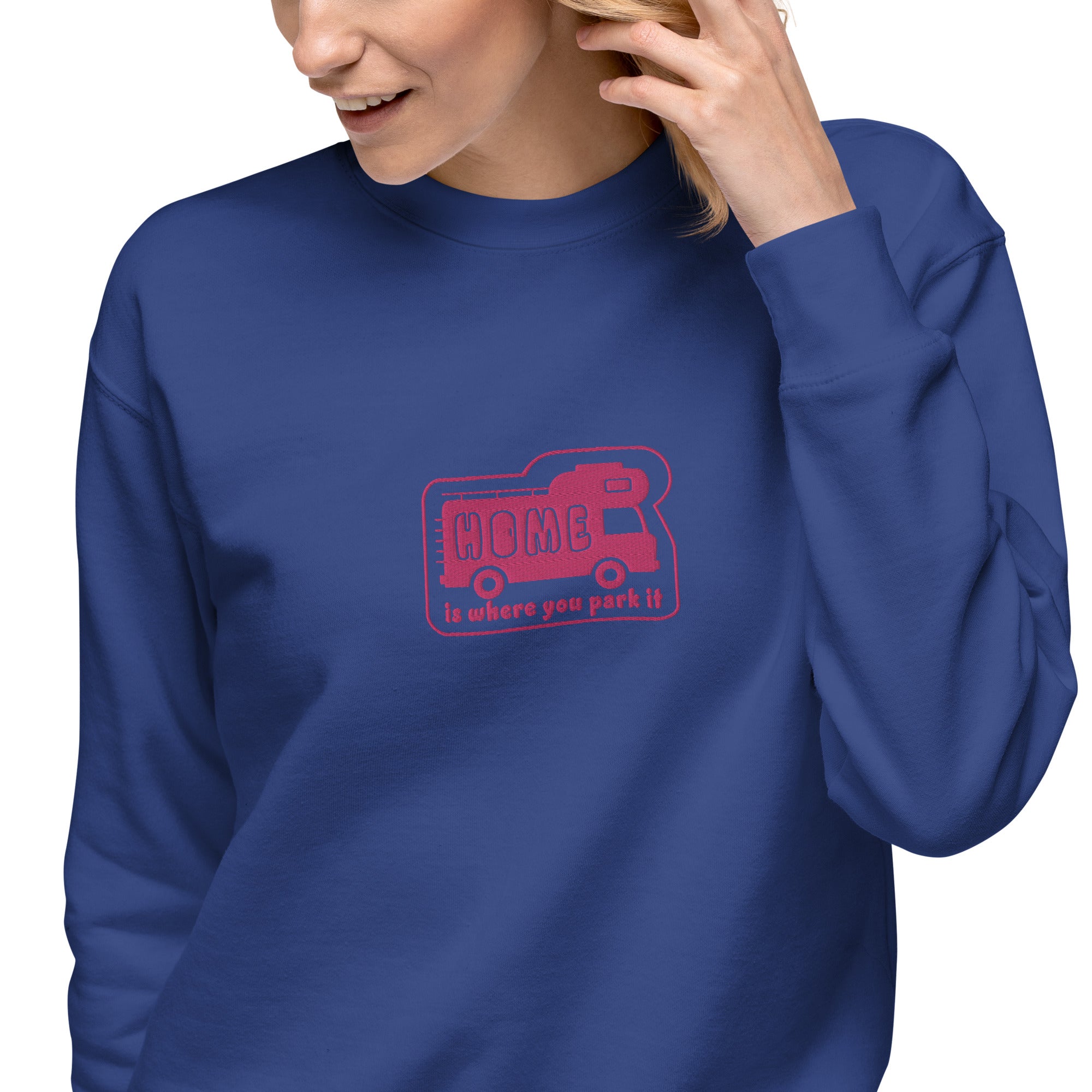 Unisex Premium Sweatshirt Bold Camper Van Home is where you park it flamingo embroidered pattern