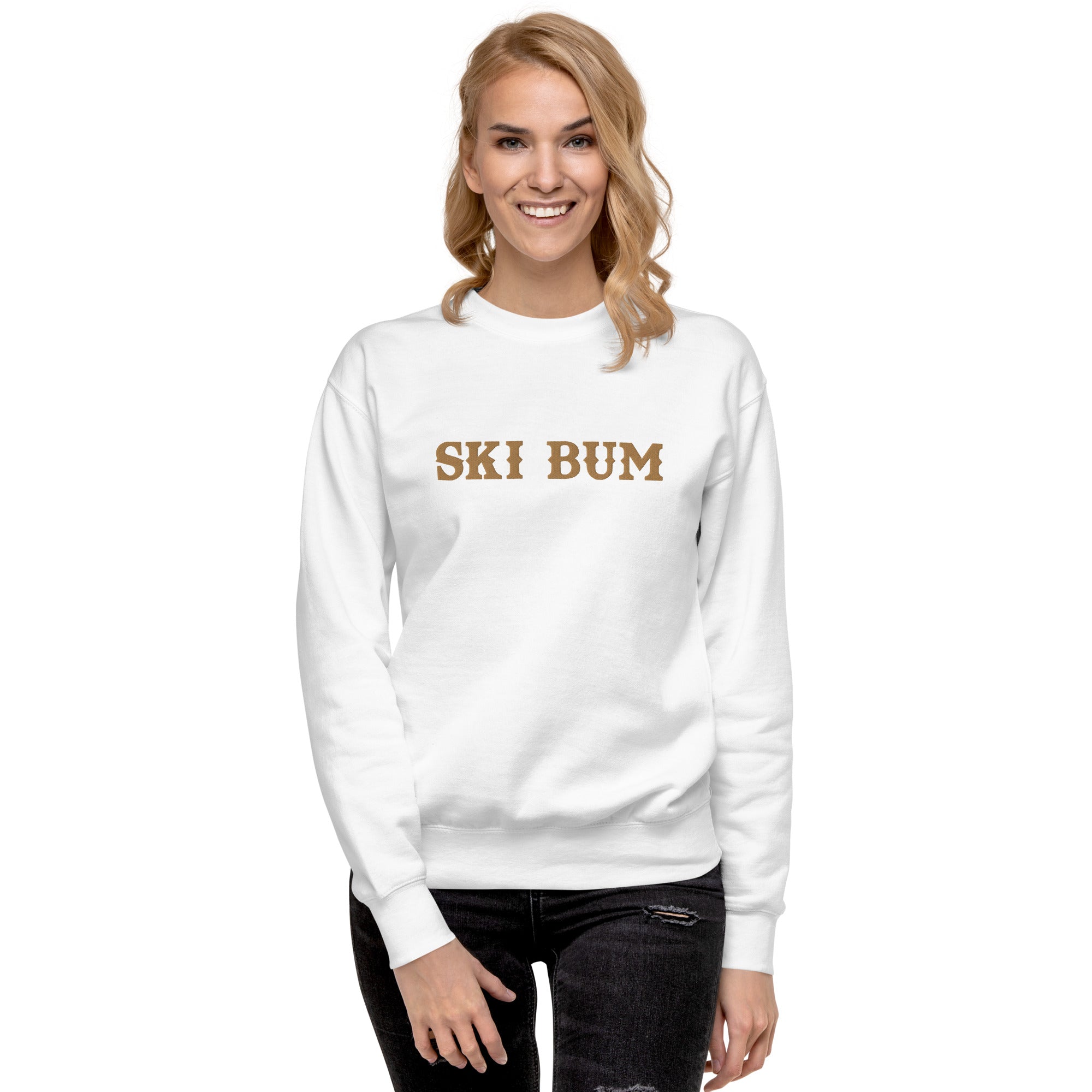 Unisex Premium Sweatshirt Ski Bum Old Gold large embroidered pattern