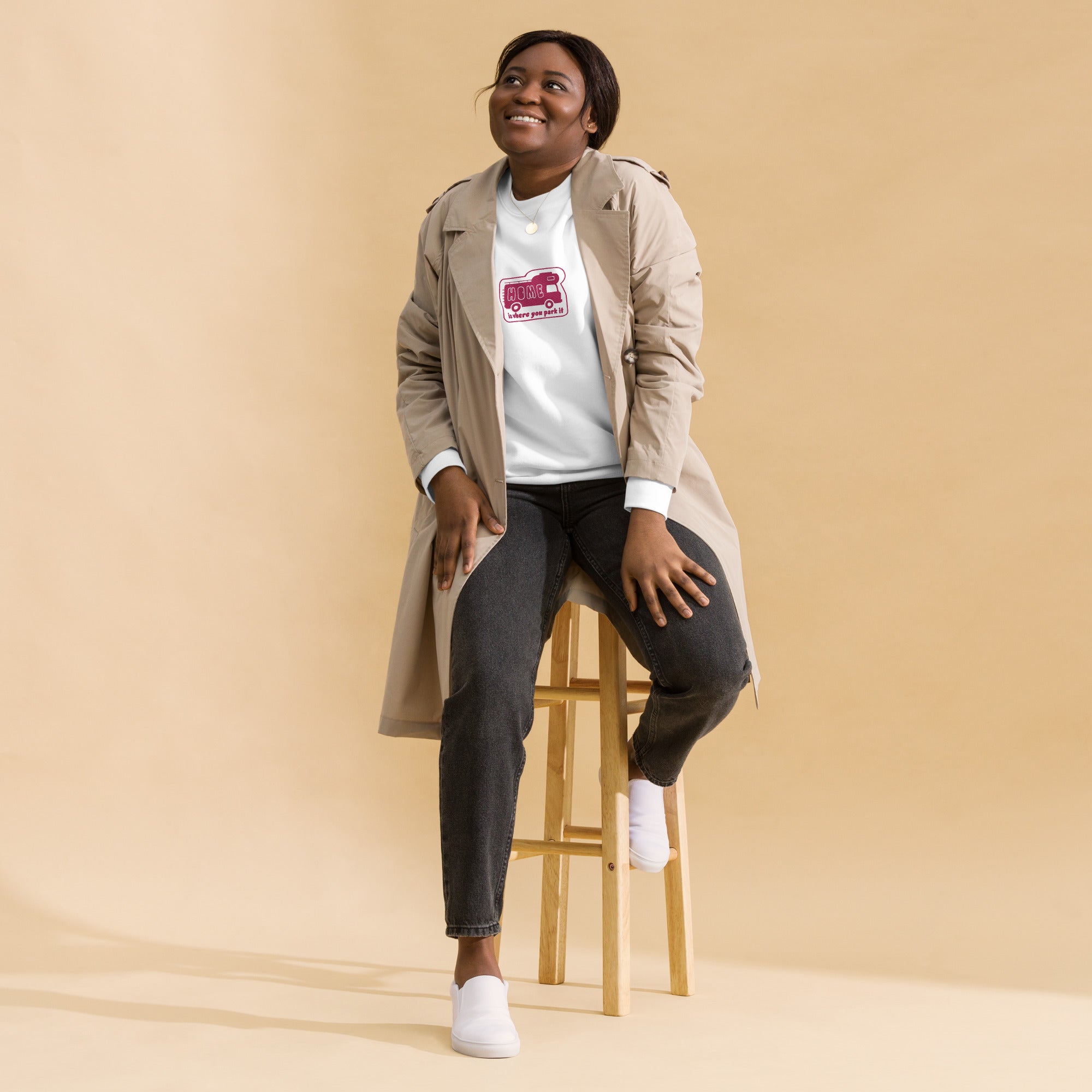 Unisex Premium Sweatshirt Bold Camper Van Home is where you park it flamingo embroidered pattern
