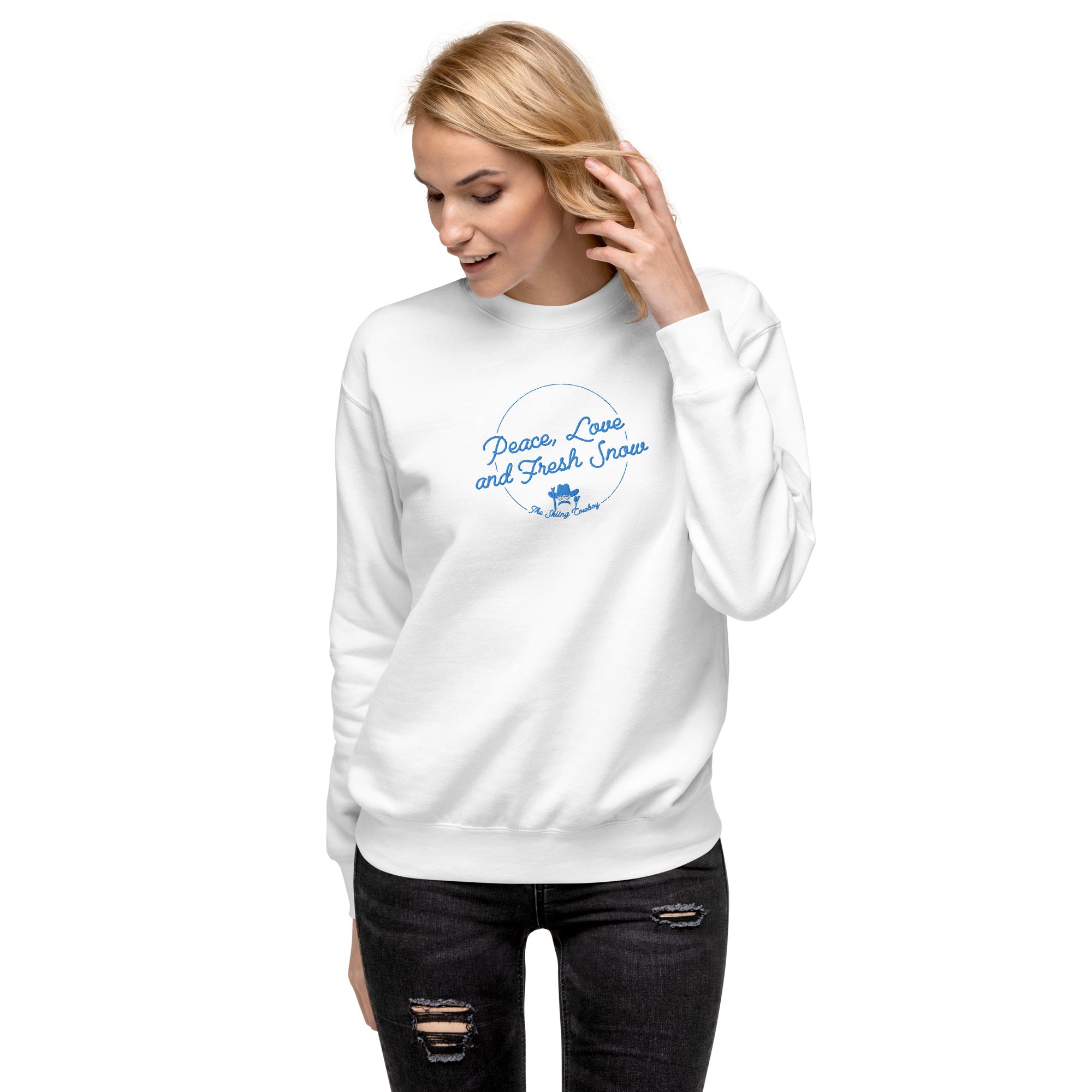 Sweatshirt premium unisexe Peace, Love and Fresh Snow brodé