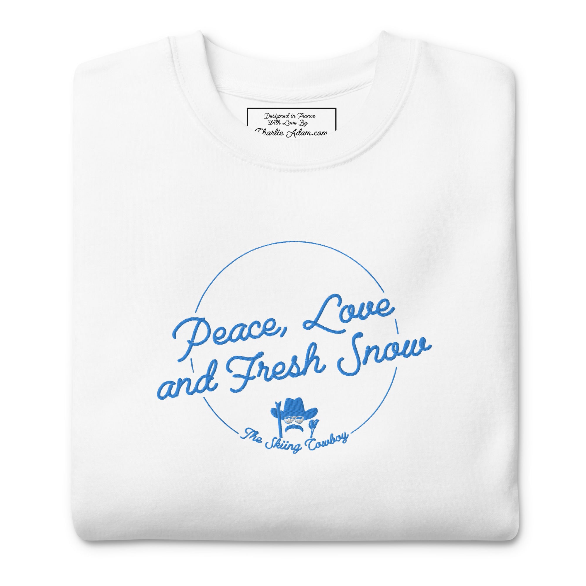 Sweatshirt premium unisexe Peace, Love and Fresh Snow brodé