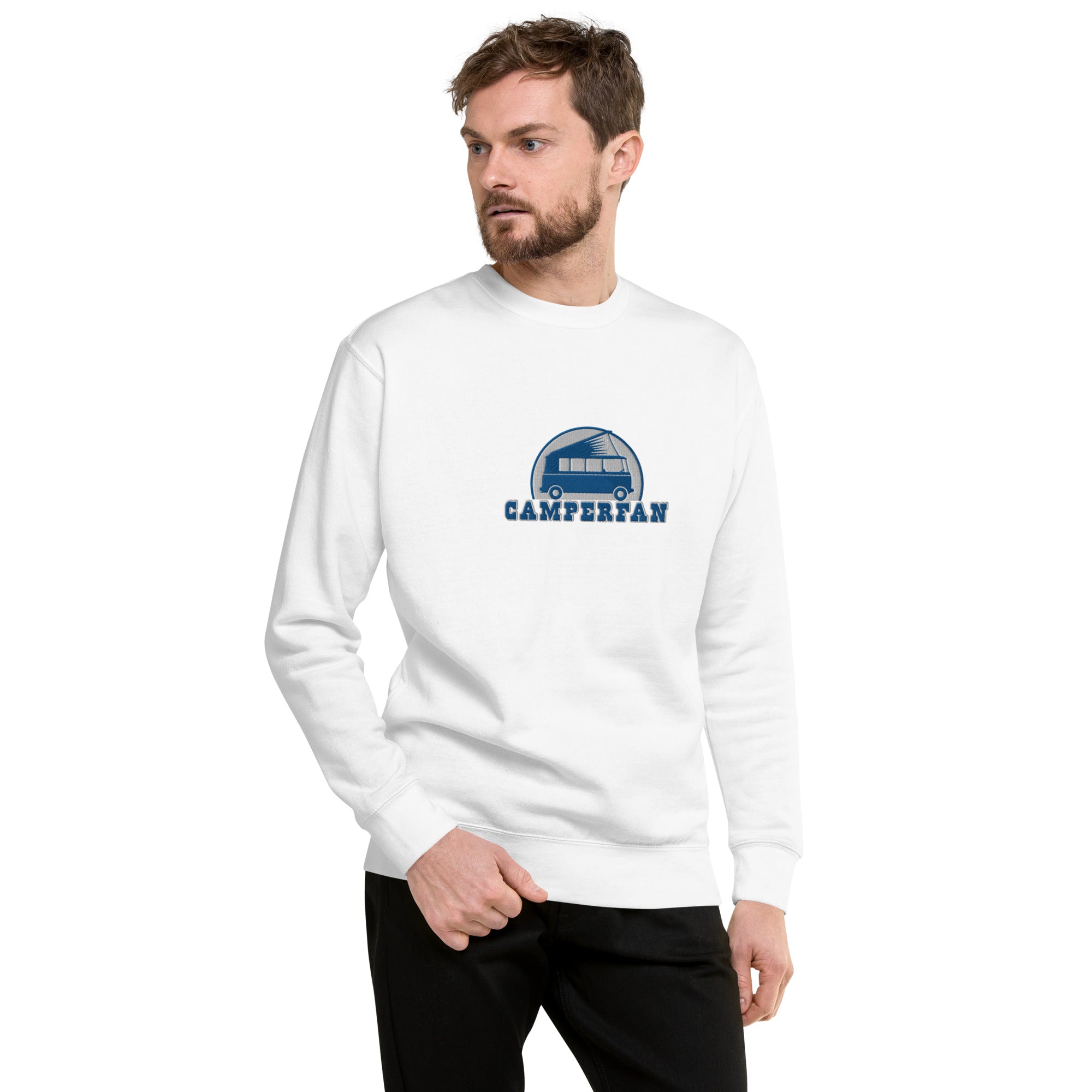 Unisex Premium Sweatshirt Camperfan large blue/white embroidered pattern