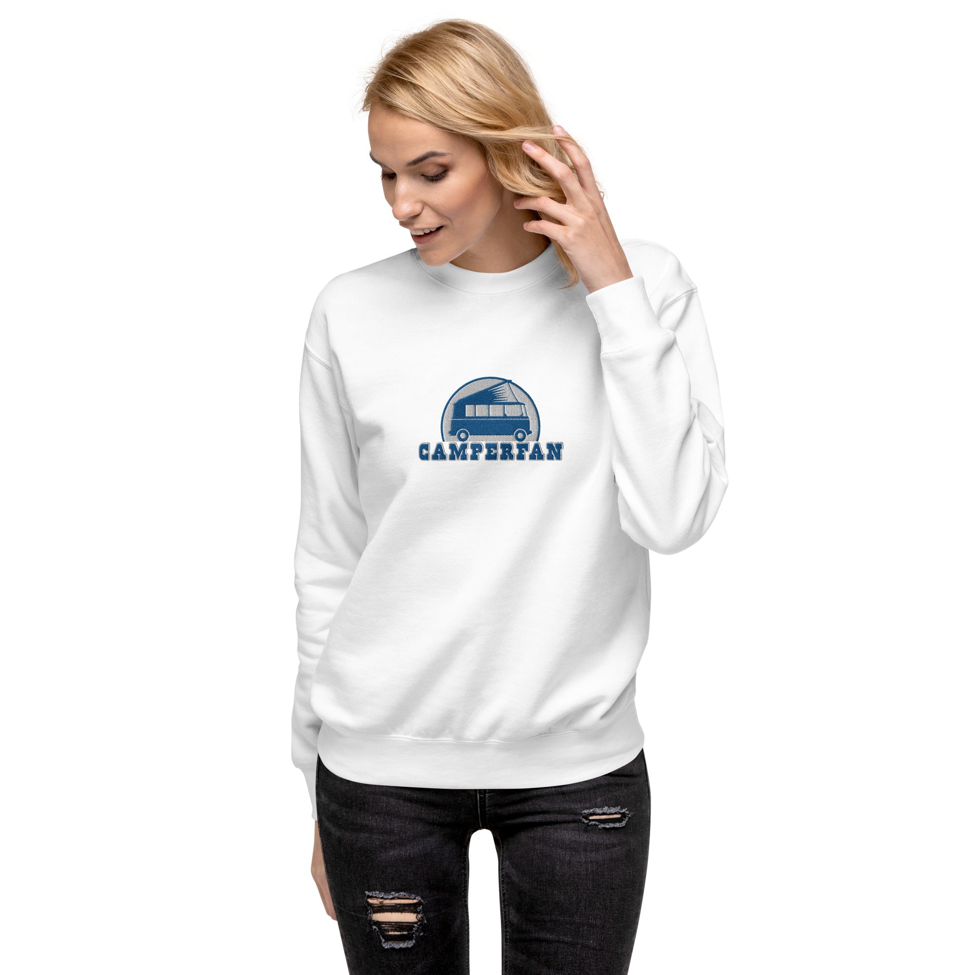 Unisex Premium Sweatshirt Camperfan large blue/white embroidered pattern