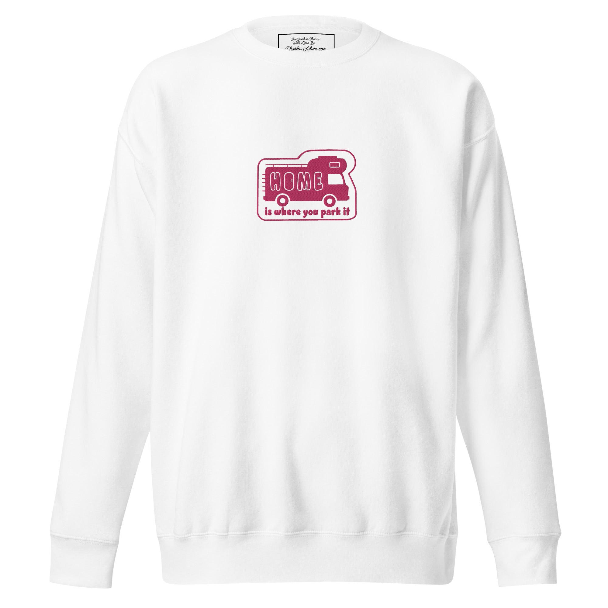 Unisex Premium Sweatshirt Bold Camper Van Home is where you park it flamingo embroidered pattern
