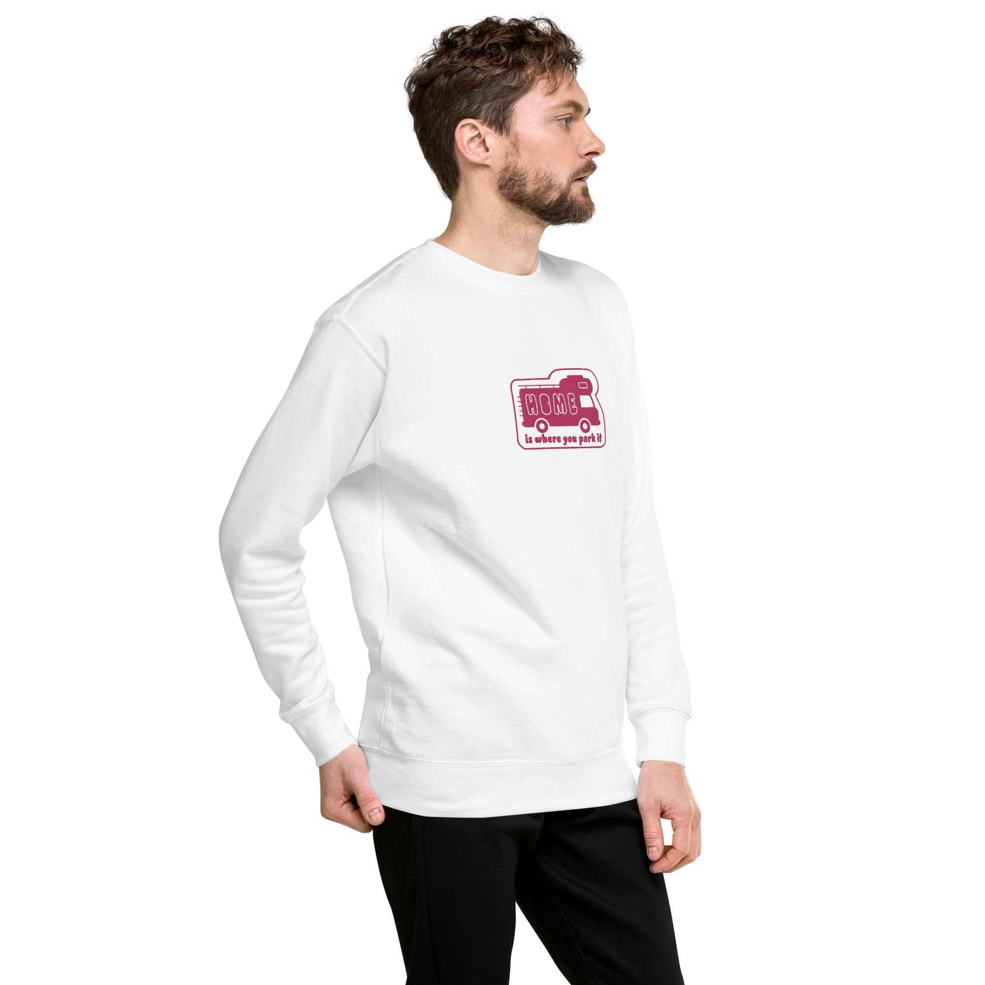 Unisex Premium Sweatshirt Bold Camper Van Home is where you park it flamingo embroidered pattern