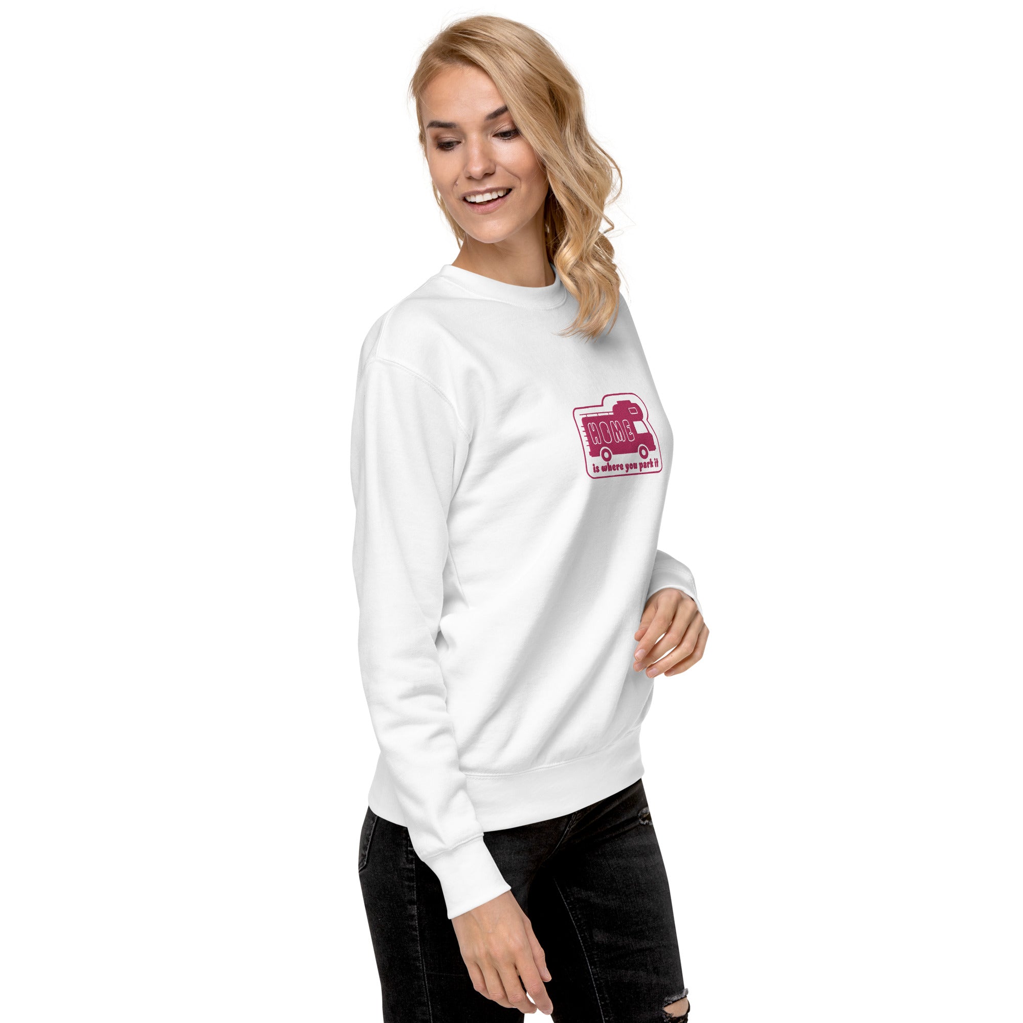 Unisex Premium Sweatshirt Bold Camper Van Home is where you park it flamingo embroidered pattern