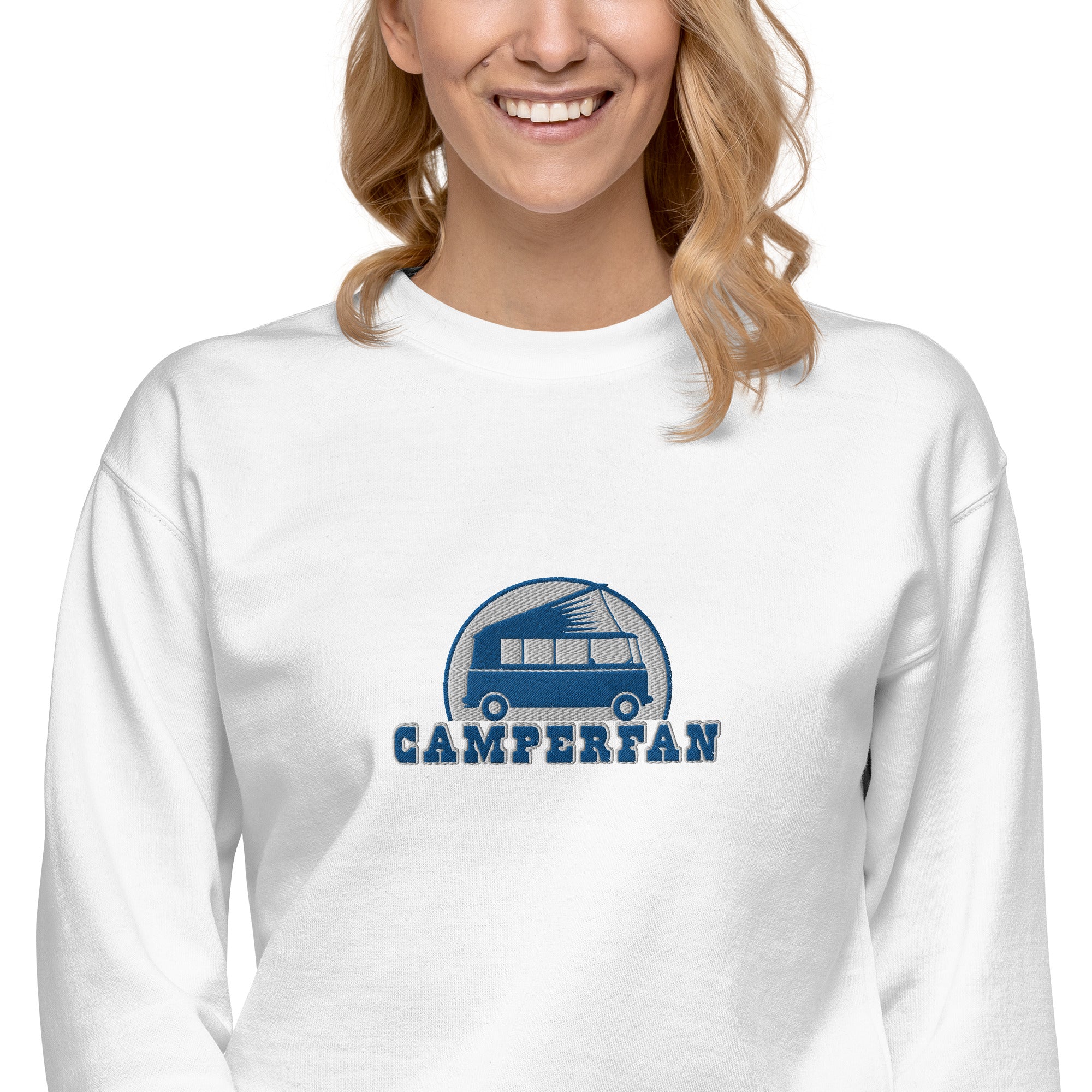 Unisex Premium Sweatshirt Camperfan large blue/white embroidered pattern