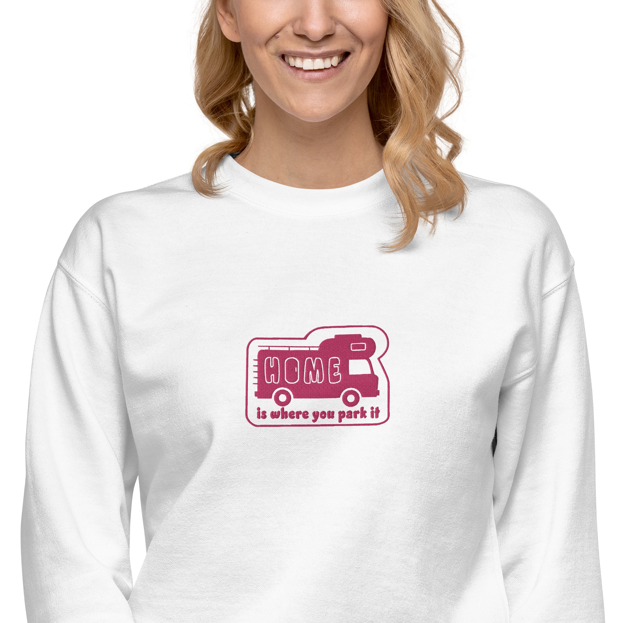Unisex Premium Sweatshirt Bold Camper Van Home is where you park it flamingo embroidered pattern