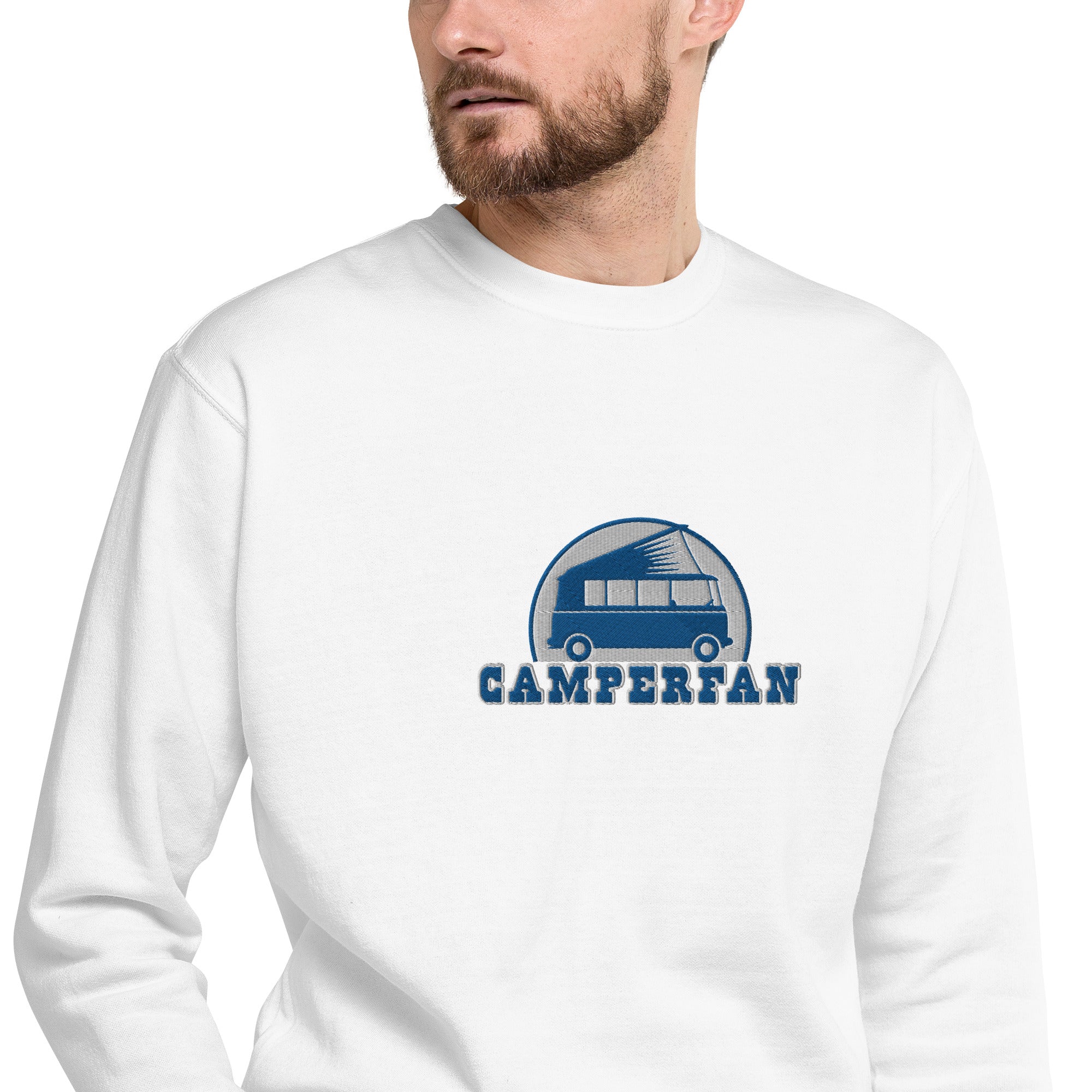 Unisex Premium Sweatshirt Camperfan large blue/white embroidered pattern