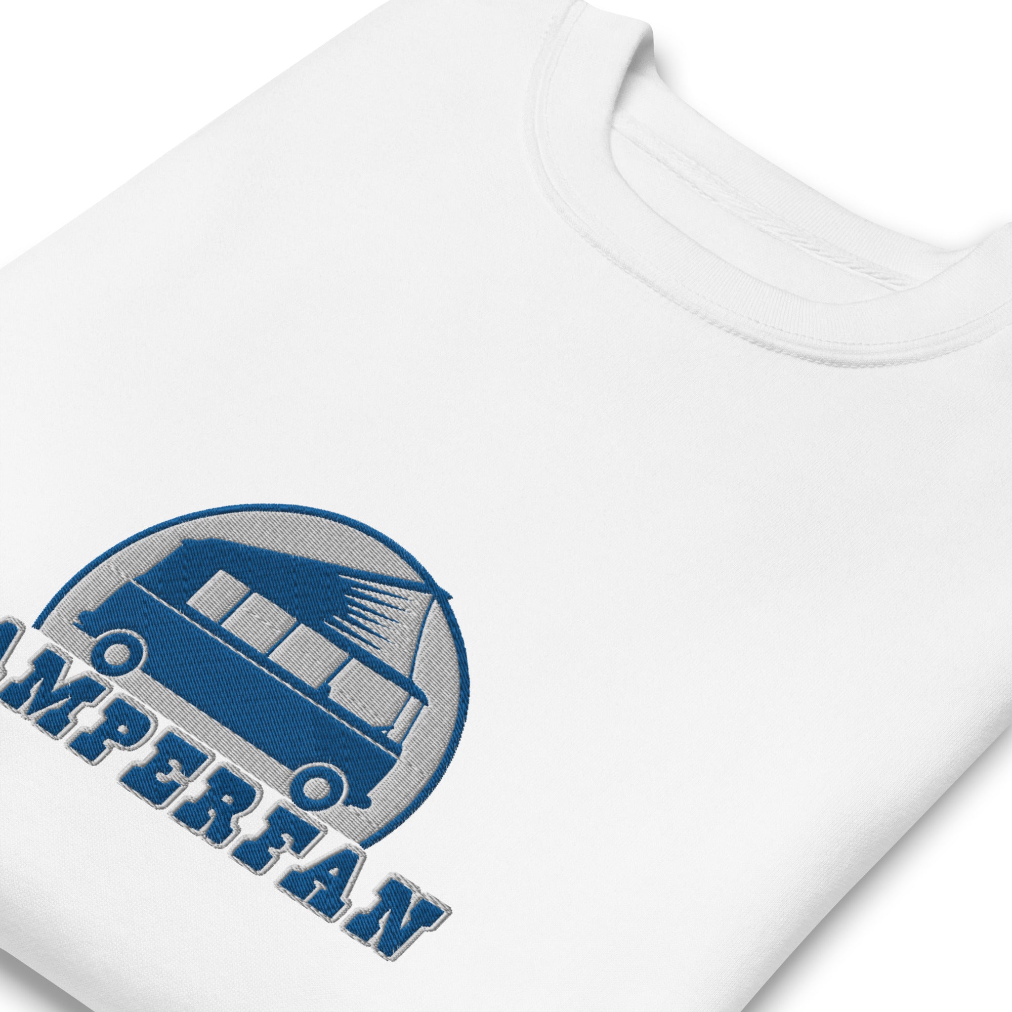 Unisex Premium Sweatshirt Camperfan large blue/white embroidered pattern