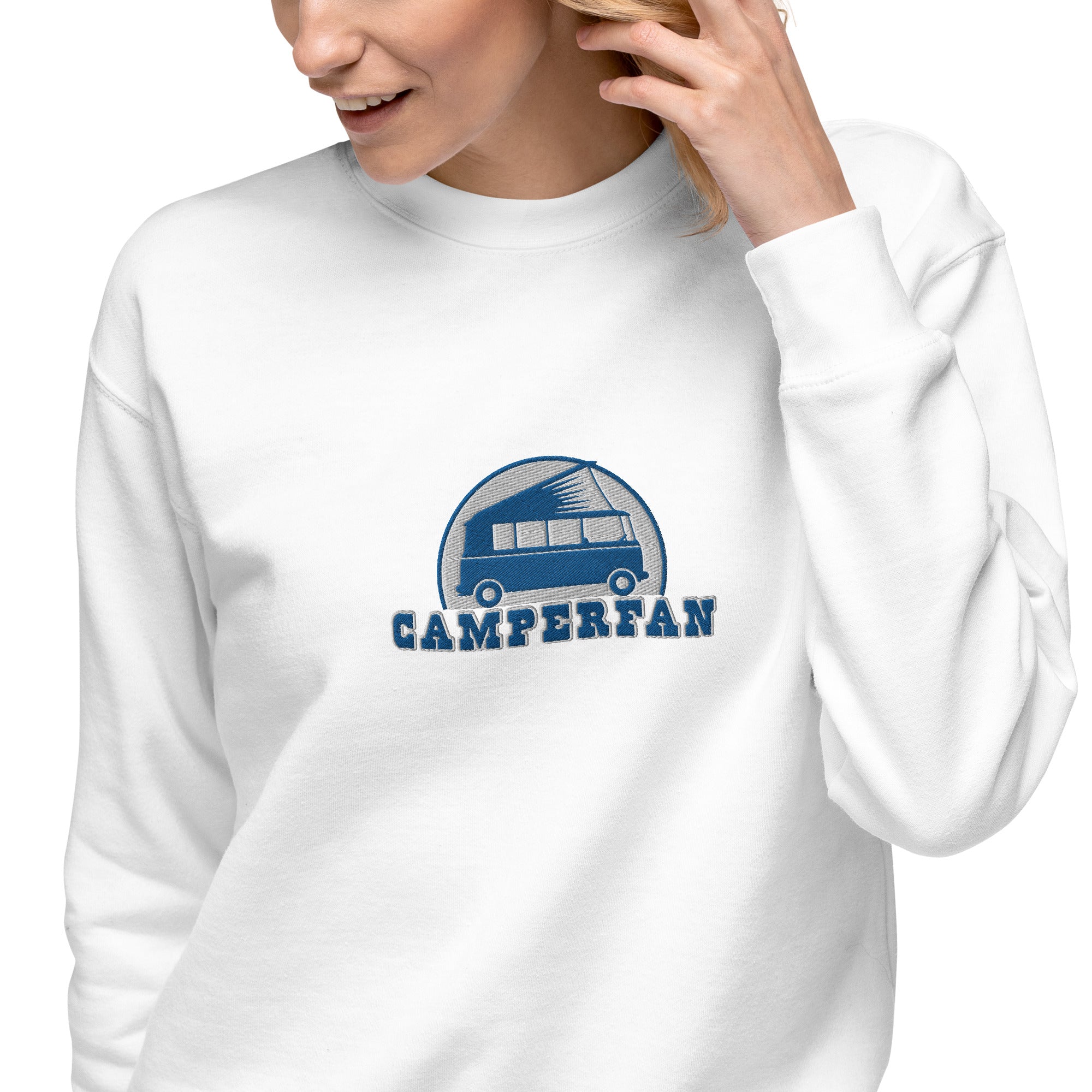 Unisex Premium Sweatshirt Camperfan large blue/white embroidered pattern