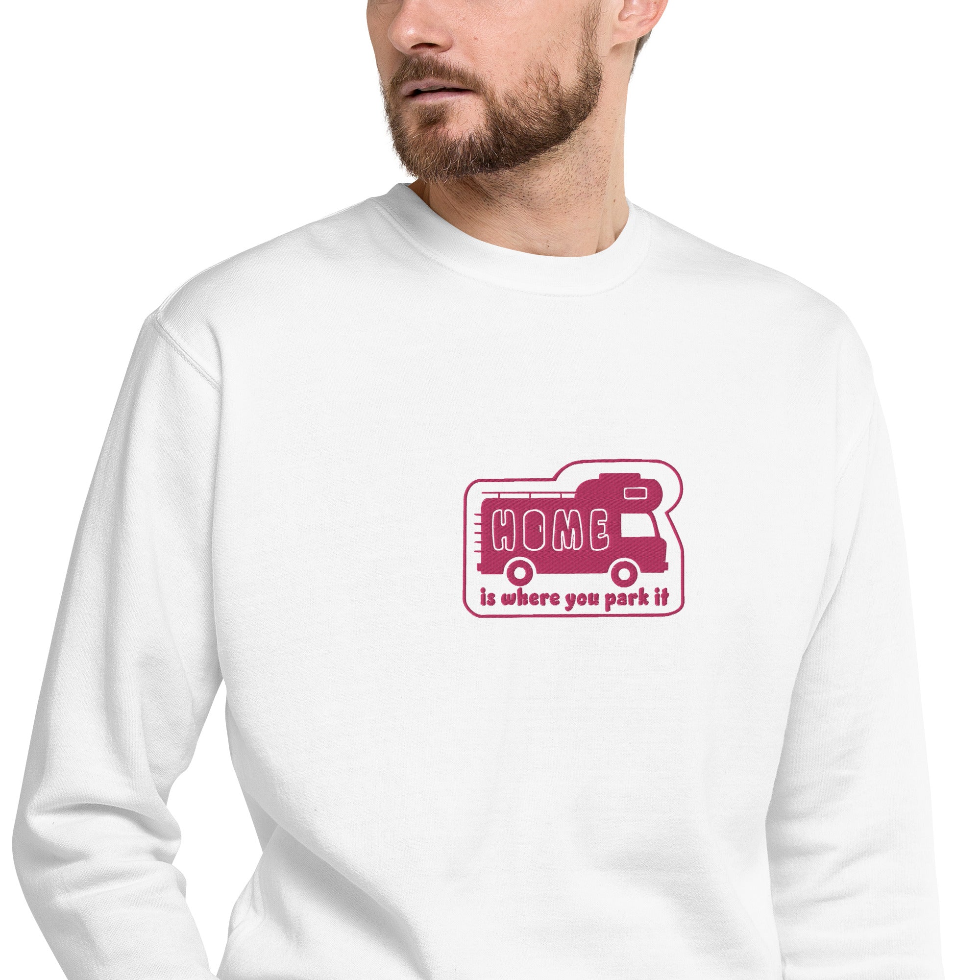 Unisex Premium Sweatshirt Bold Camper Van Home is where you park it flamingo embroidered pattern