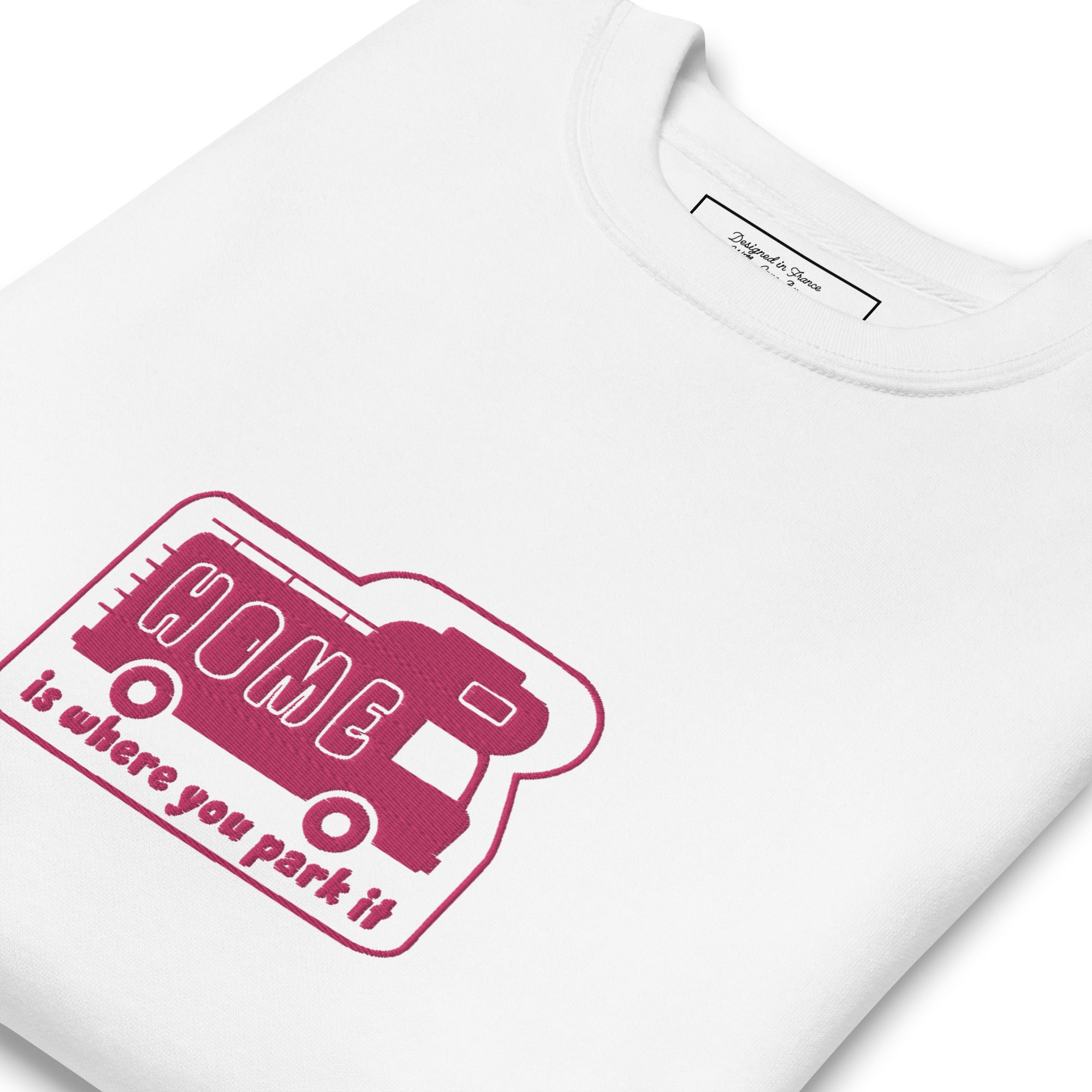 Unisex Premium Sweatshirt Bold Camper Van Home is where you park it flamingo embroidered pattern