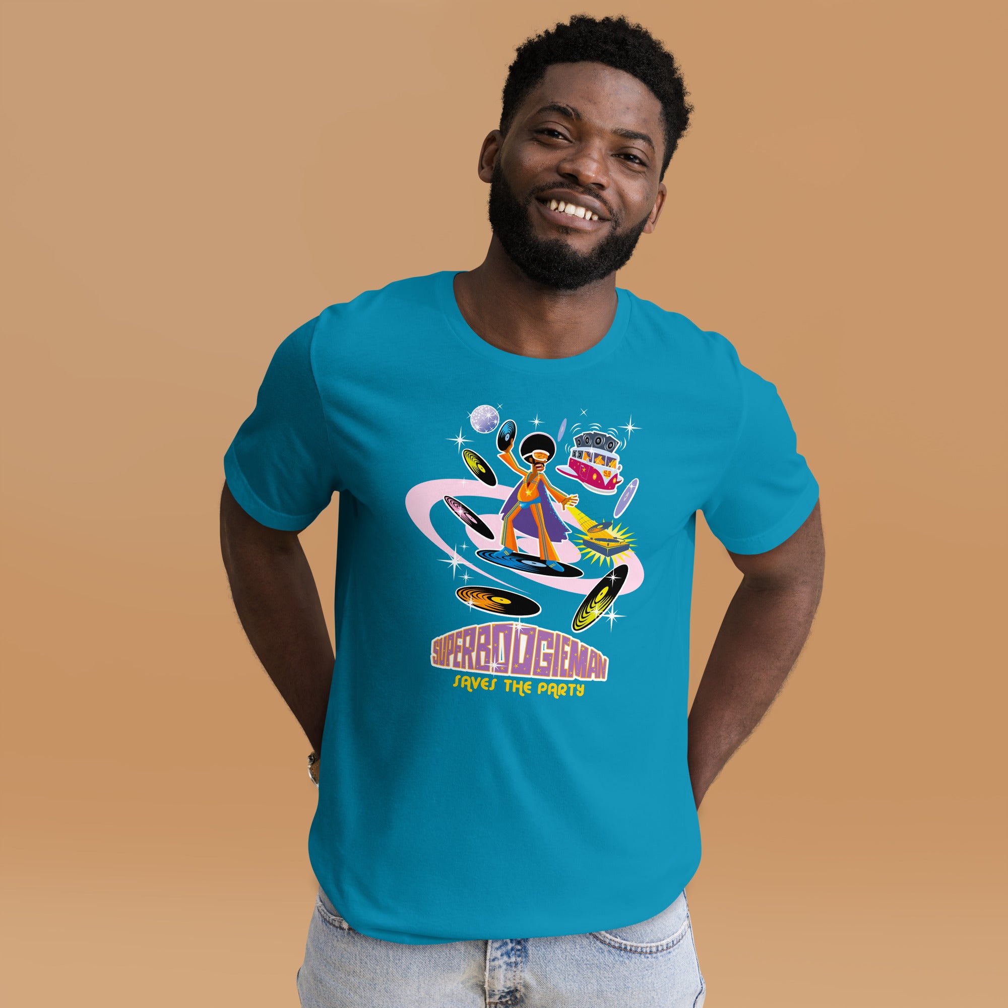 Unisex cotton t-shirt Superboogieman saves the Party on bright colors