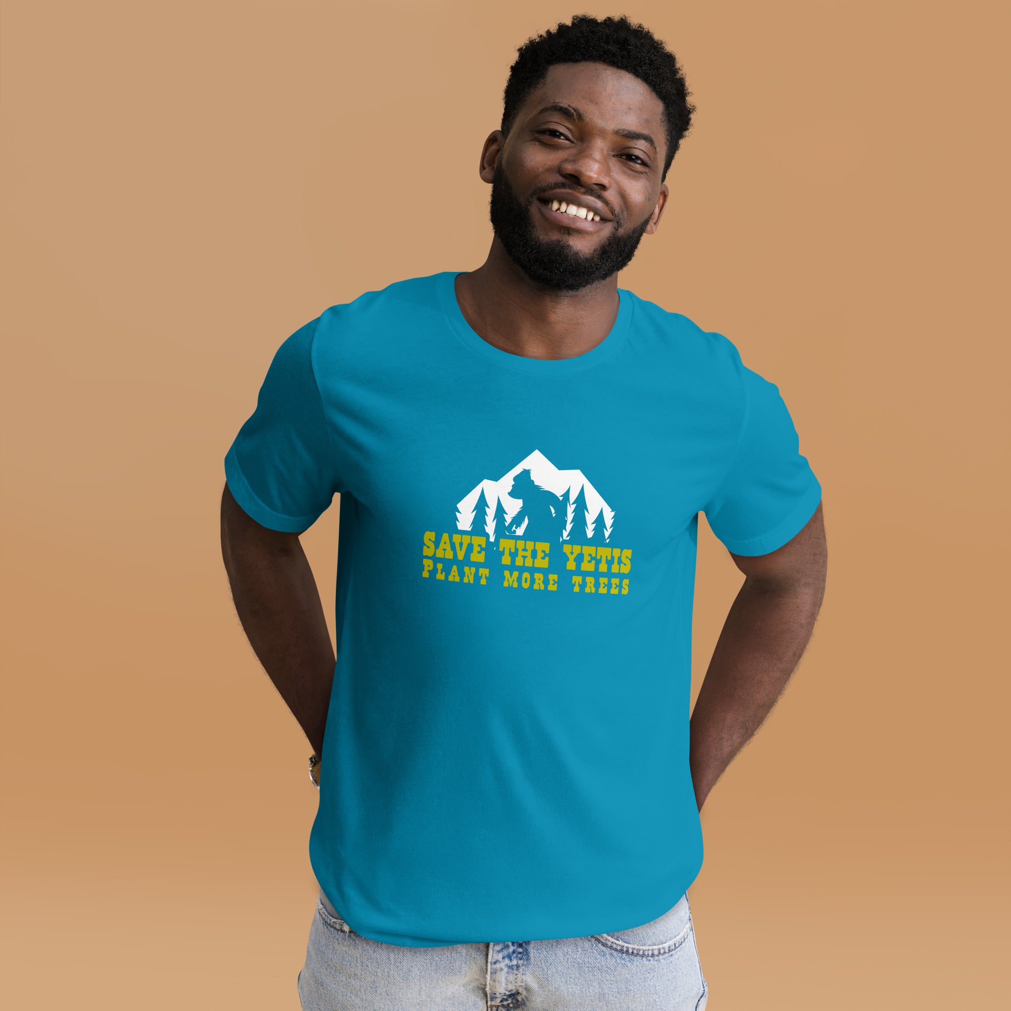 Unisex cotton t-shirt Save the Yetis Plant more Trees on bright colors (front & back)