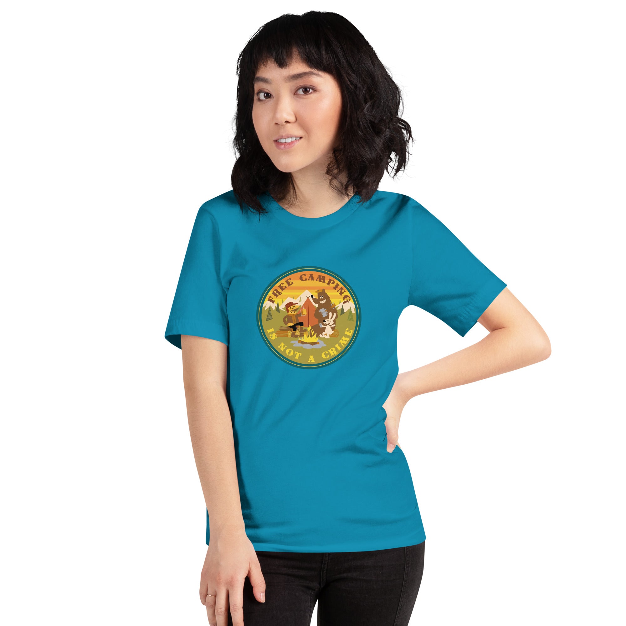 Unisex cotton t-shirt Free Camping is not a Crime on bright colors