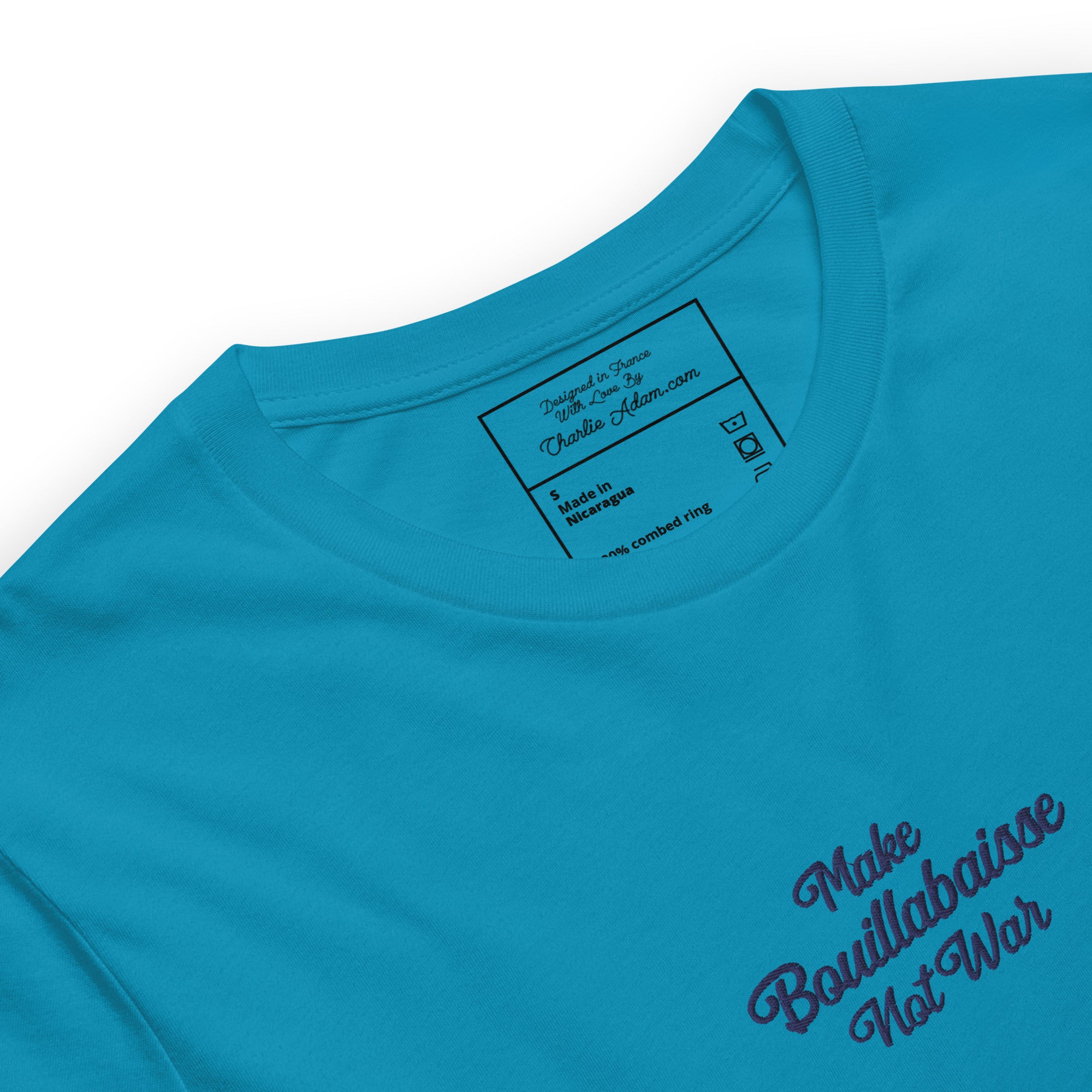 Unisex t-shirt Make Bouillabaisse Not War Text Only navy on bright colors