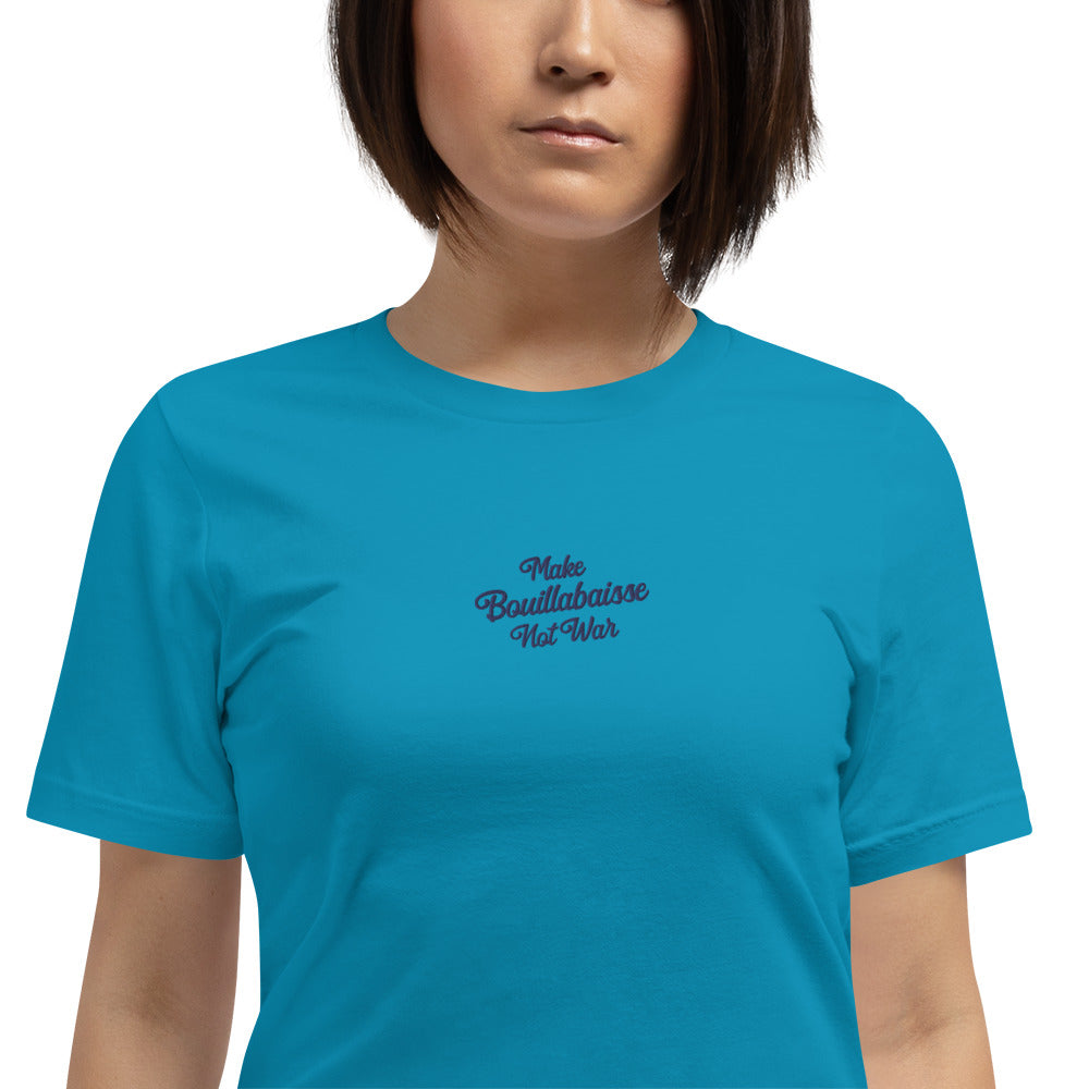 Unisex t-shirt Make Bouillabaisse Not War Text Only navy on bright colors