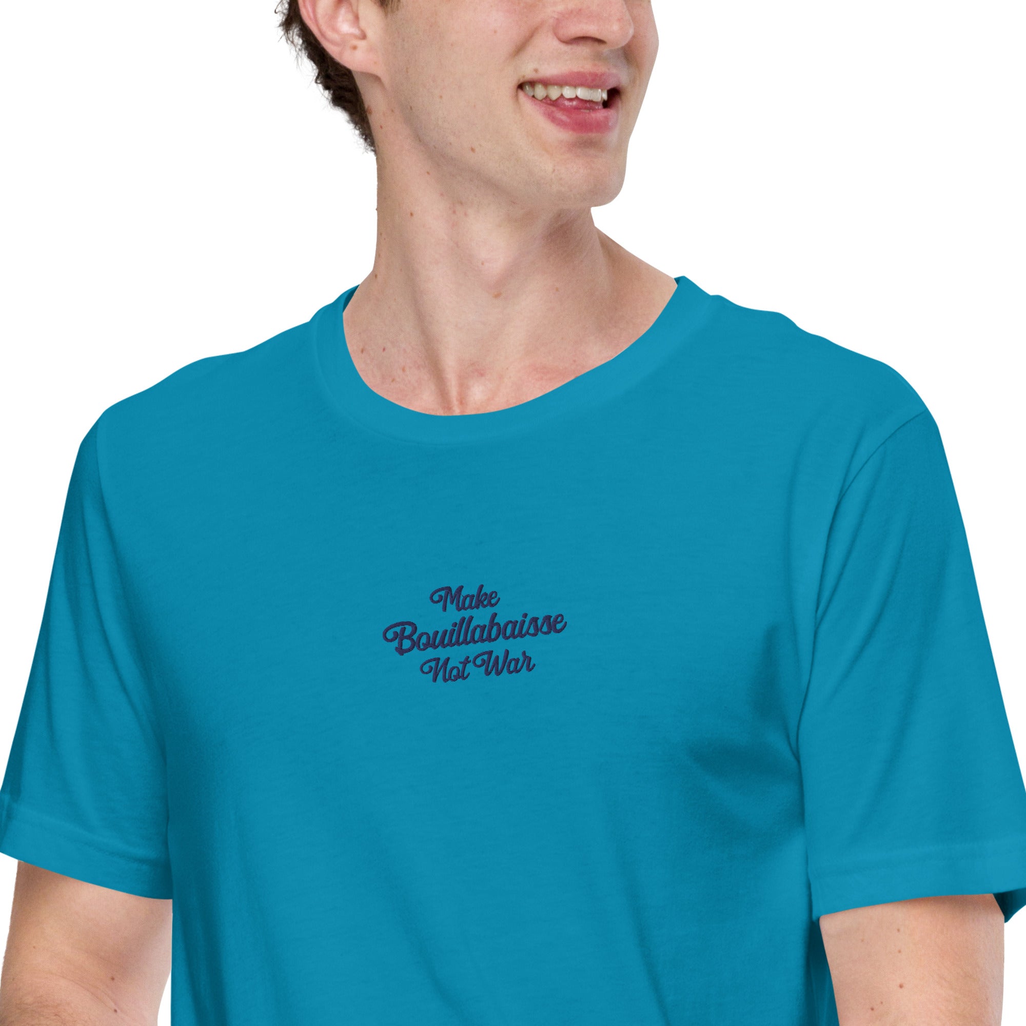 Unisex t-shirt Make Bouillabaisse Not War Text Only navy on bright colors