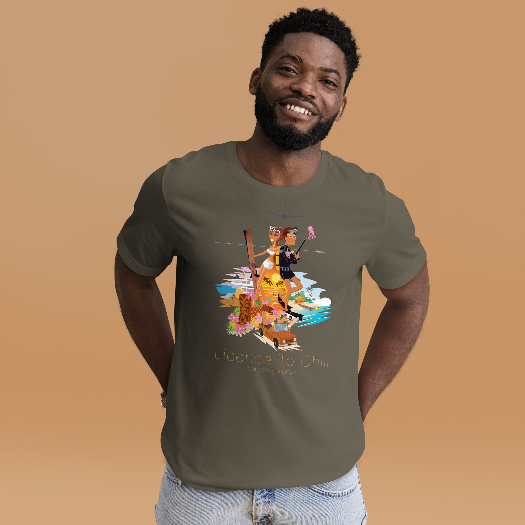 Unisex cotton t-shirt License to Chill Vamos a la Playa on Green