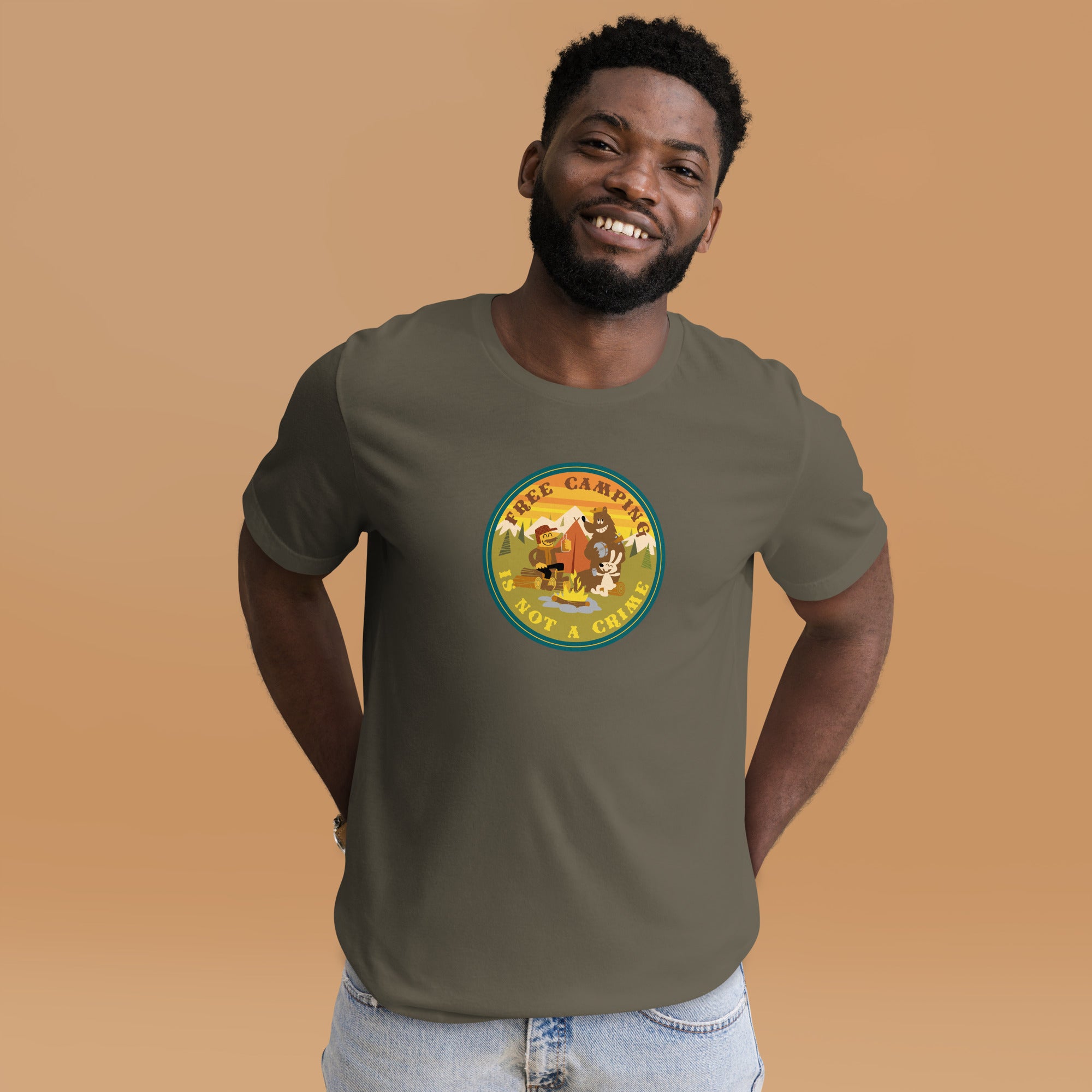 Unisex cotton t-shirt Free Camping is not a Crime on greens