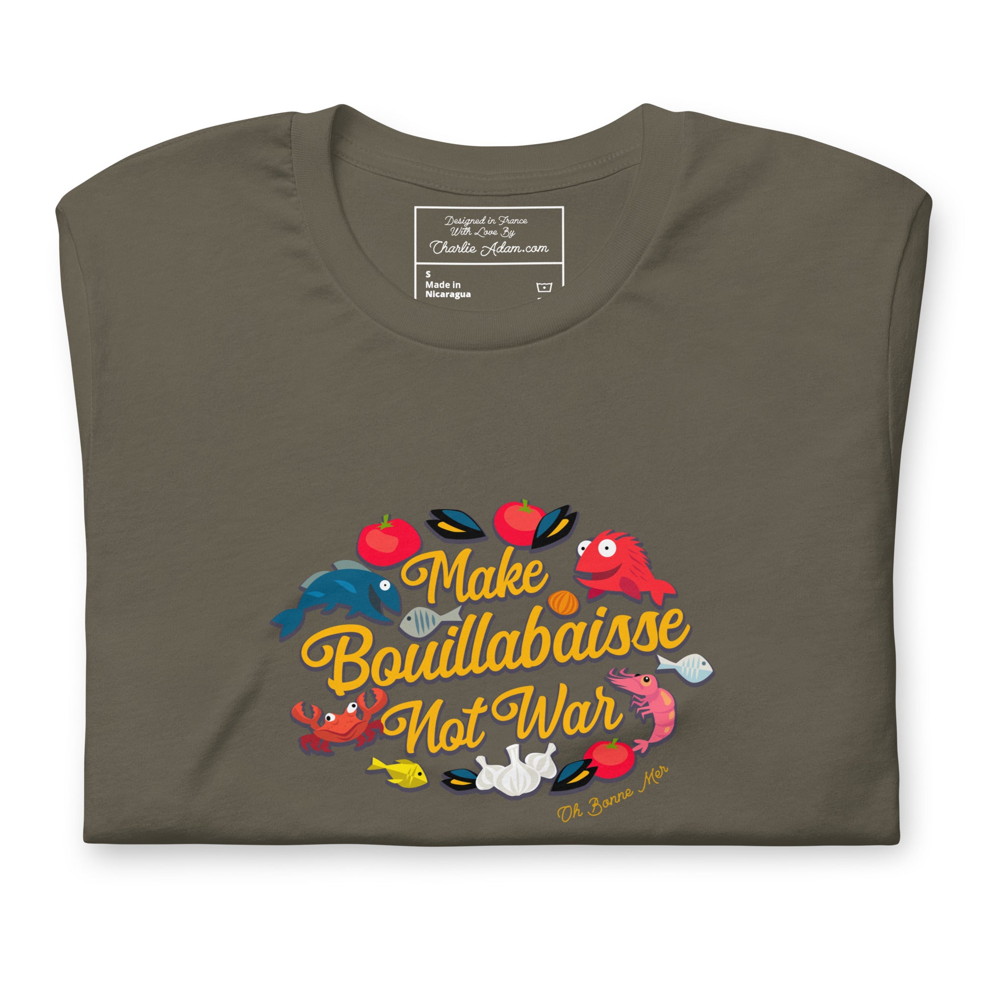 T-shirt en coton unisexe Make Bouillabaisse Not War sur couleurs foncées
