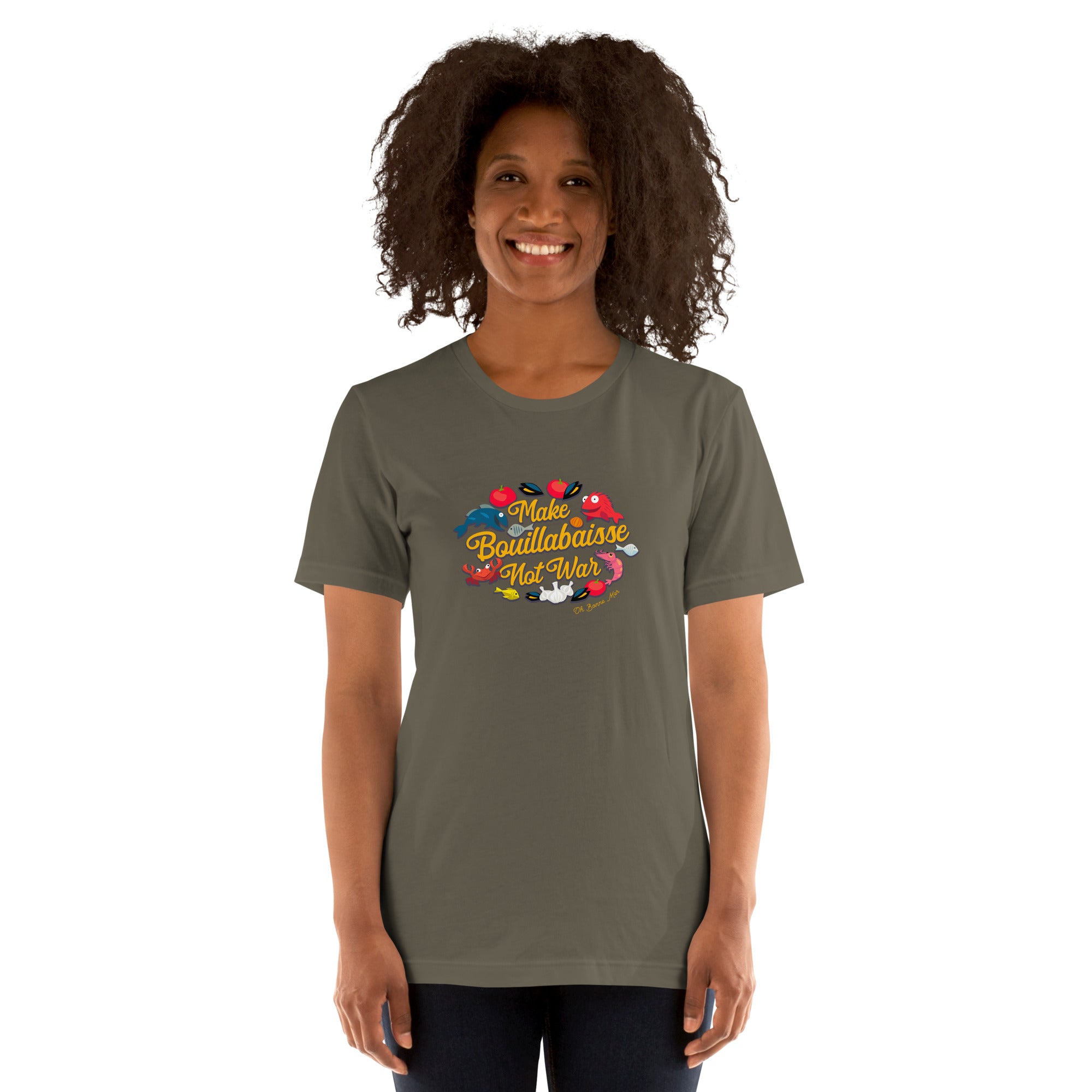 T-shirt en coton unisexe Make Bouillabaisse Not War sur couleurs foncées