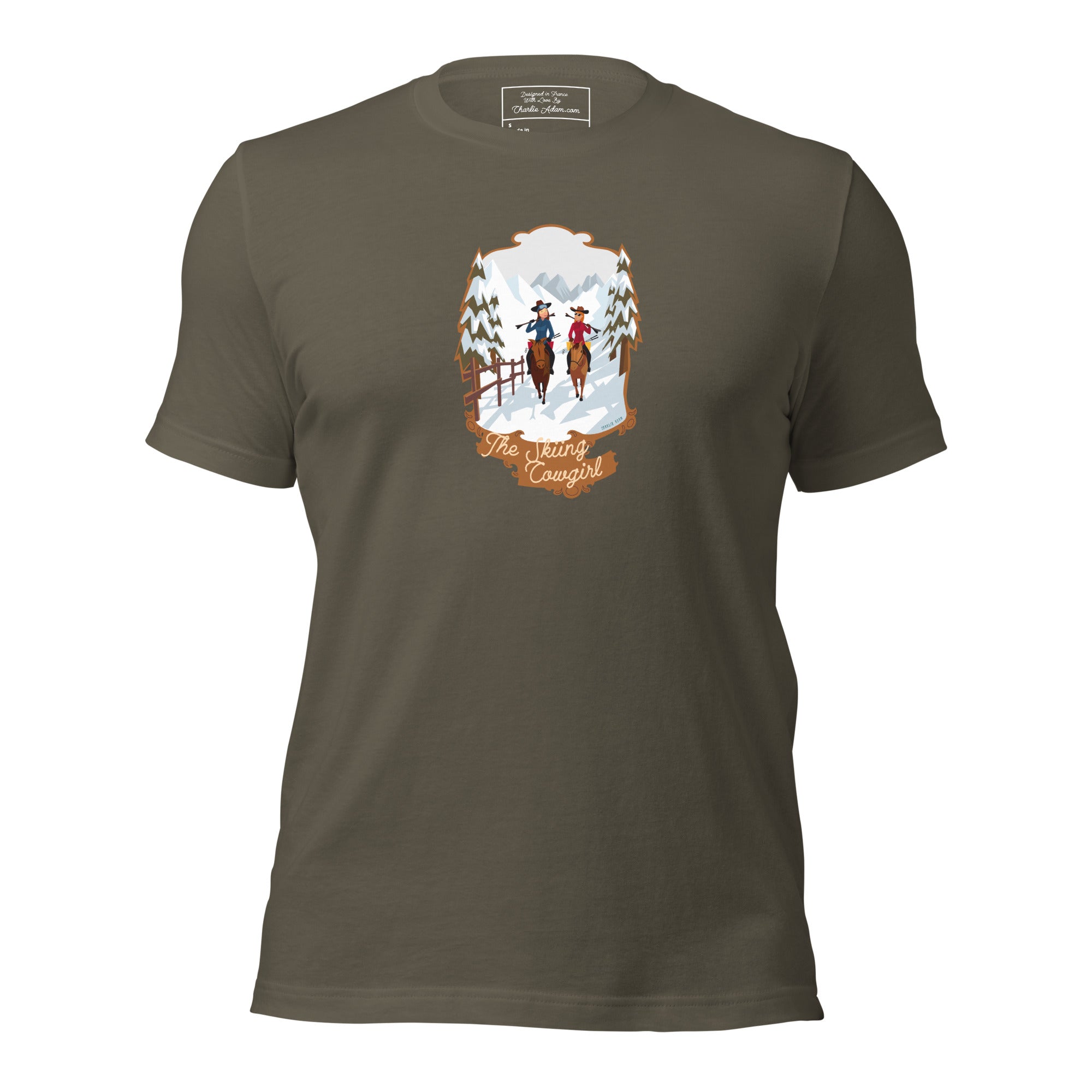 T-shirt en coton unisexe The Skiing Cowgirl sur couleurs foncées
