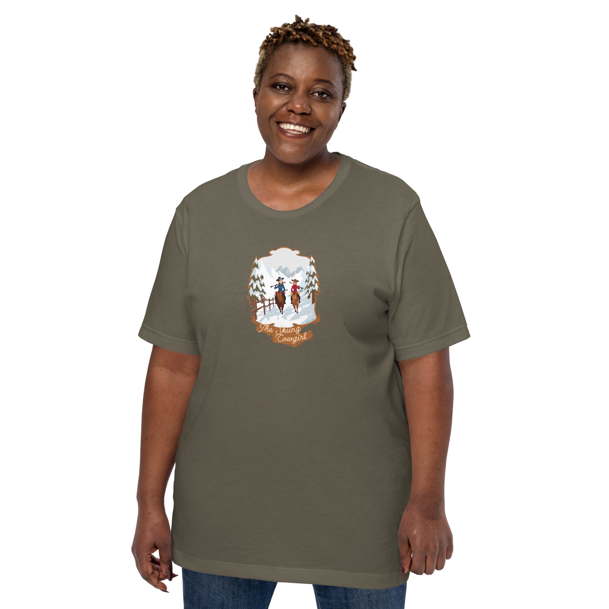 T-shirt en coton unisexe The Skiing Cowgirl sur couleurs foncées