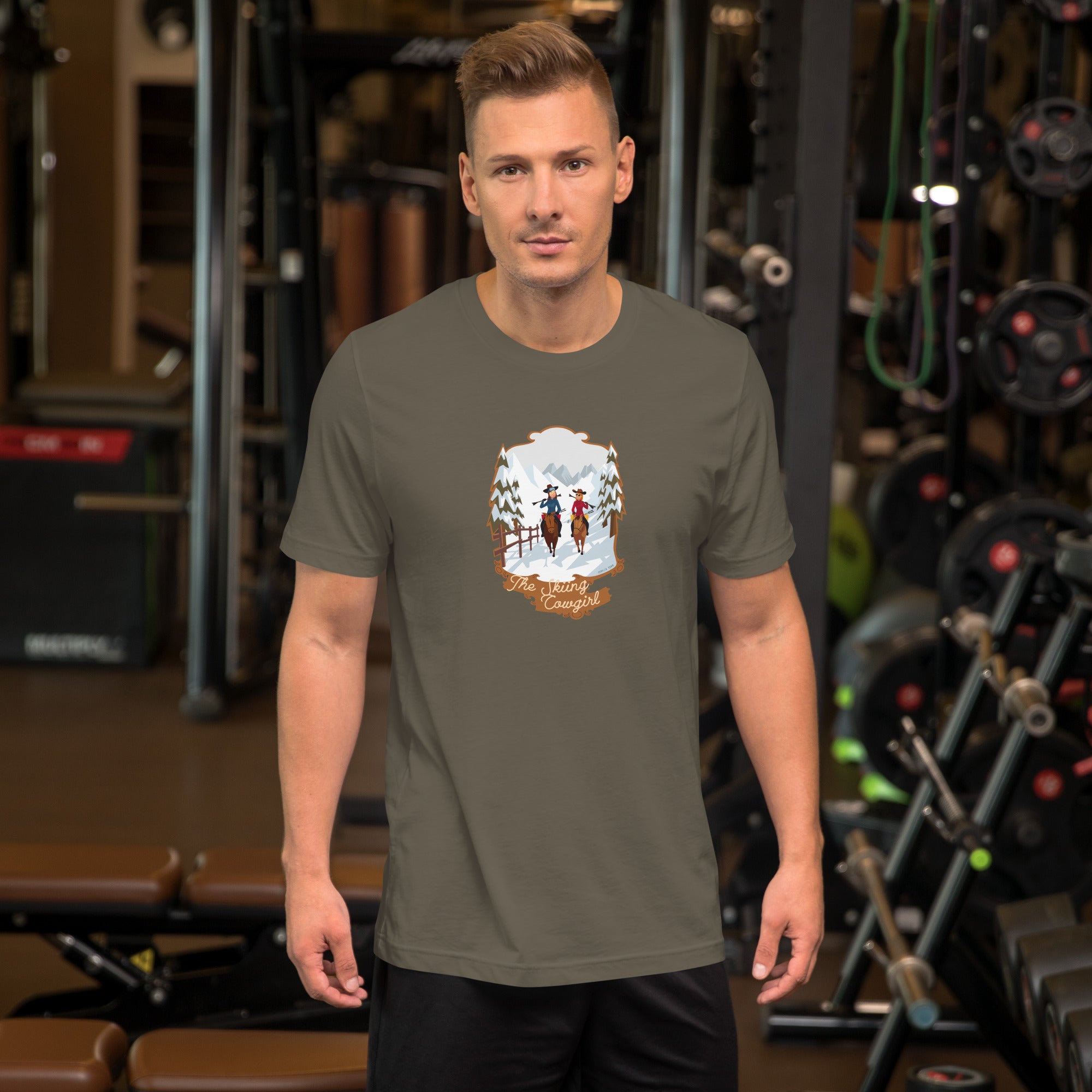 T-shirt en coton unisexe The Skiing Cowgirl sur couleurs foncées