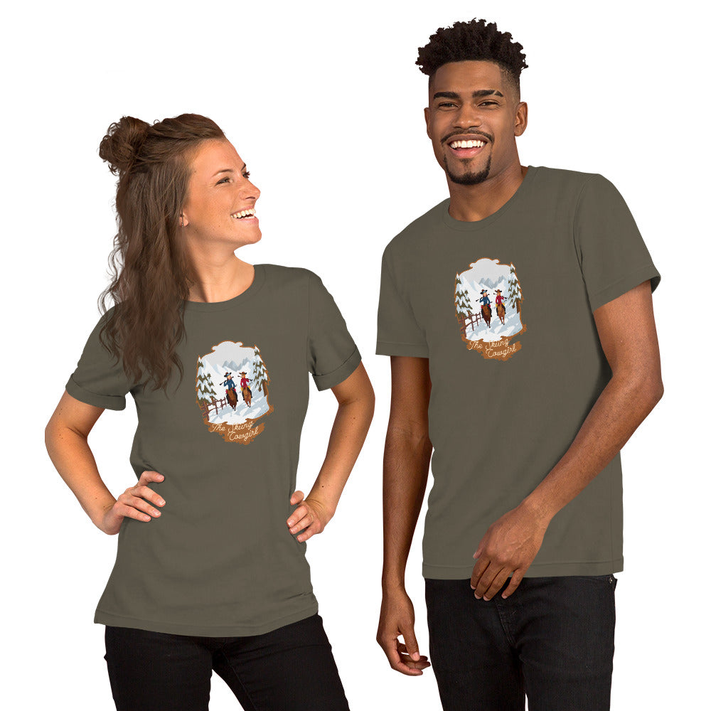T-shirt en coton unisexe The Skiing Cowgirl sur couleurs foncées