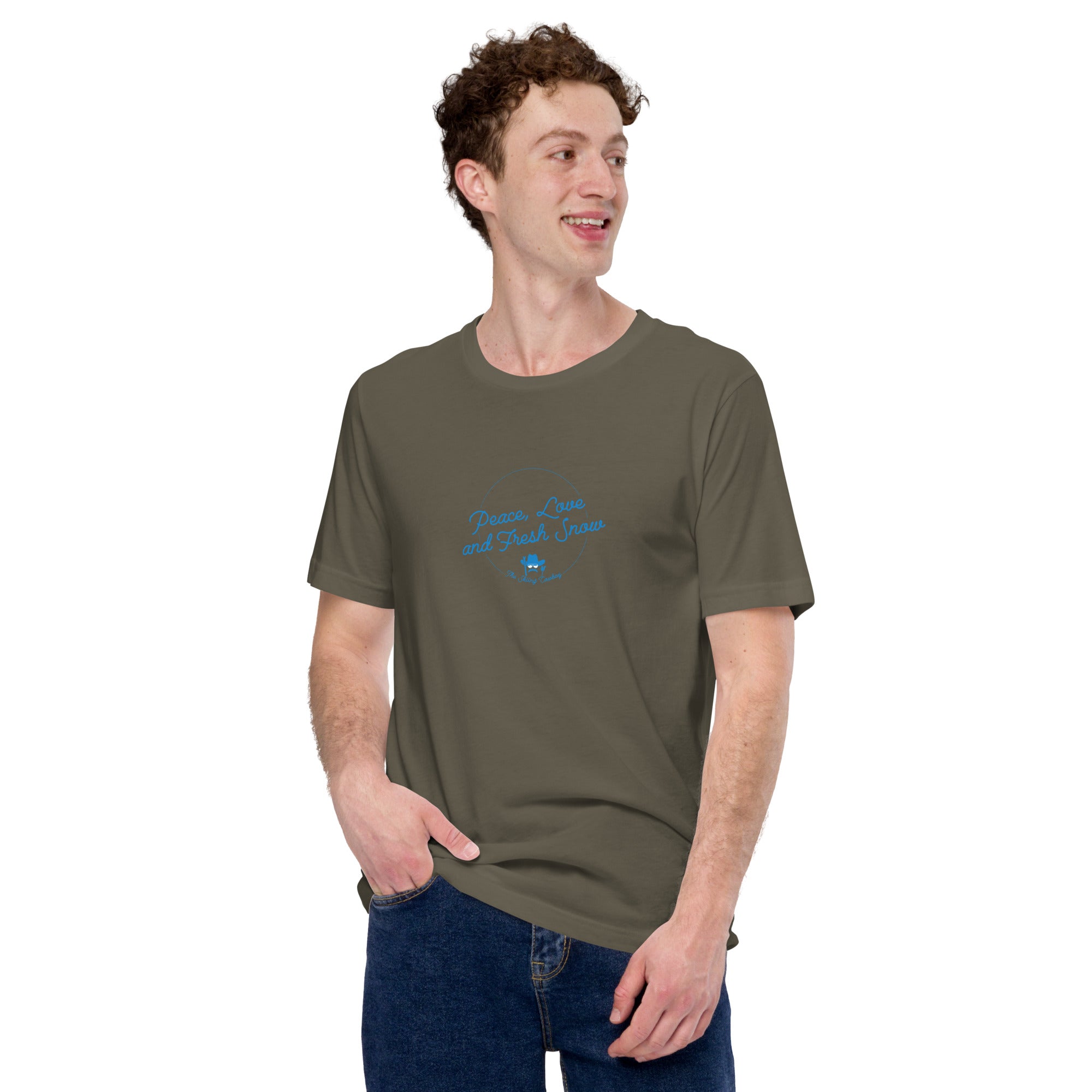 T-shirt en coton unisexe Peace, Love and Fresh Snow sur couleurs foncées