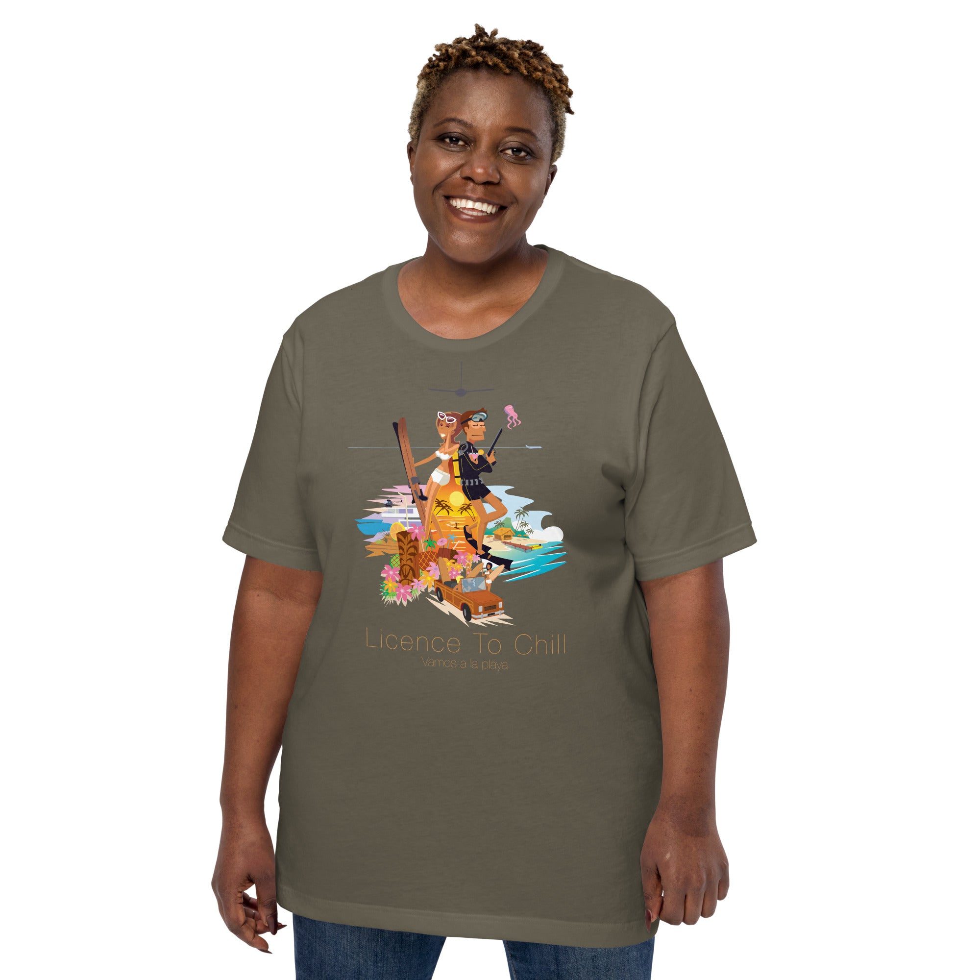 Unisex cotton t-shirt License to Chill Vamos a la Playa on Green