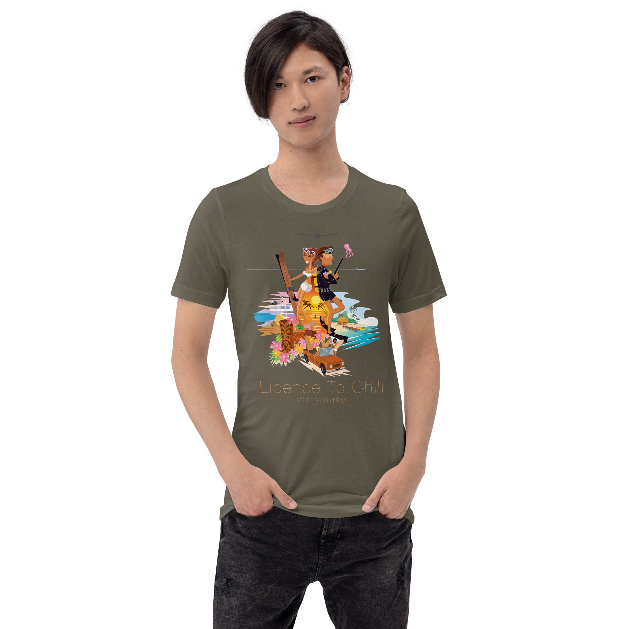 Unisex cotton t-shirt License to Chill Vamos a la Playa on Green