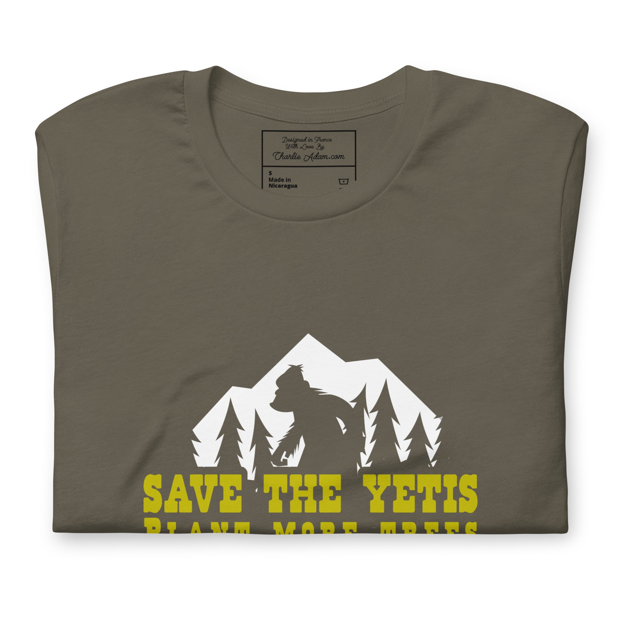 Unisex cotton t-shirt Save the Yetis Plant more Trees on Green (front & back)