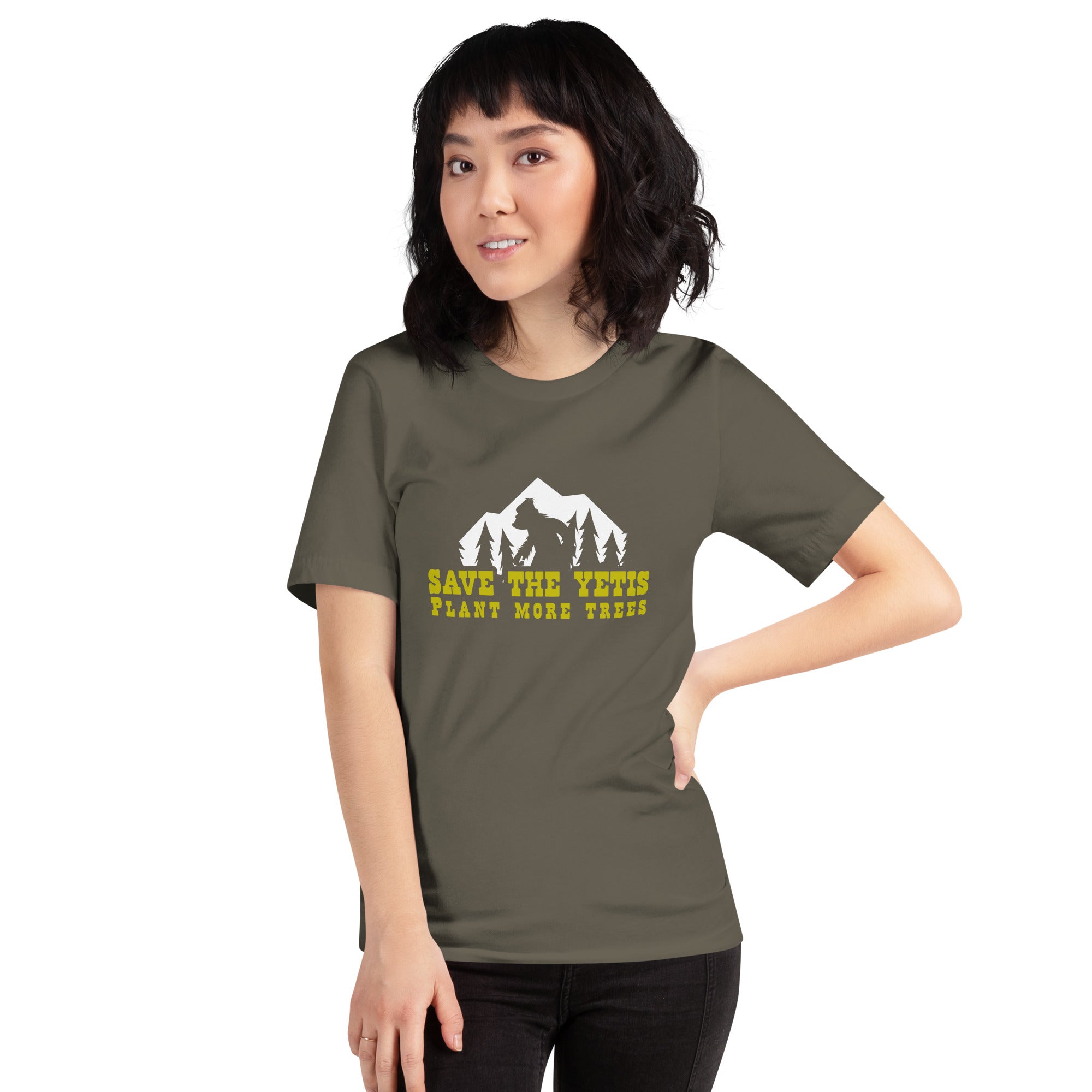 Unisex cotton t-shirt Save the Yetis Plant more Trees on Green (front & back)