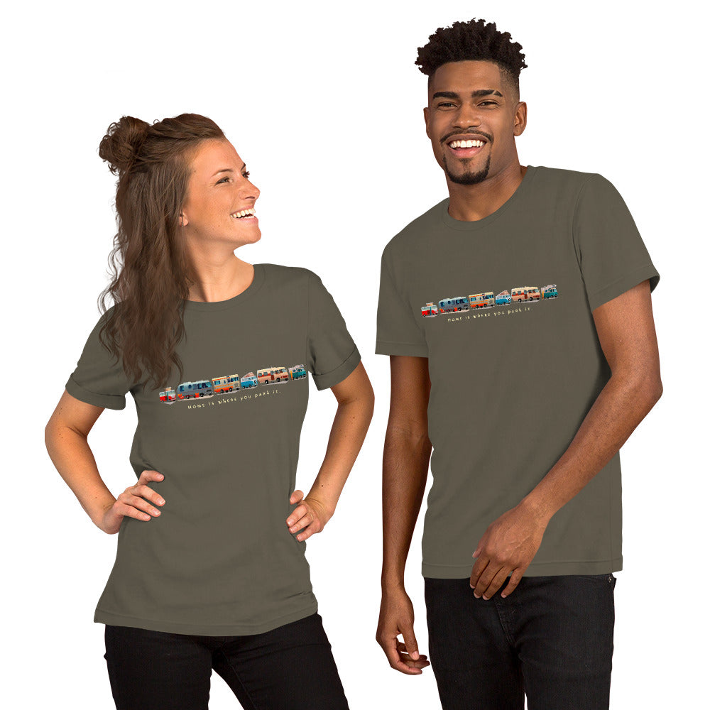 Unisex cotton t-shirt Vintage Campers: Home is where you park it on green