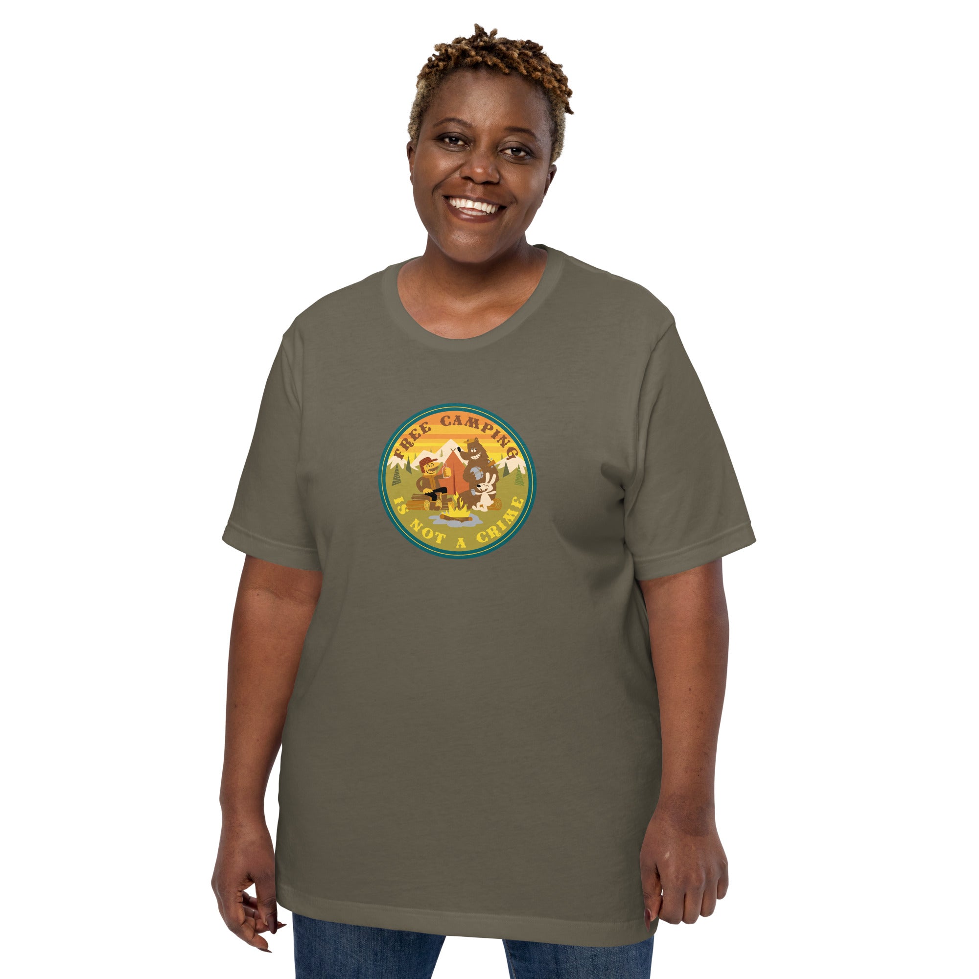 Unisex cotton t-shirt Free Camping is not a Crime on greens