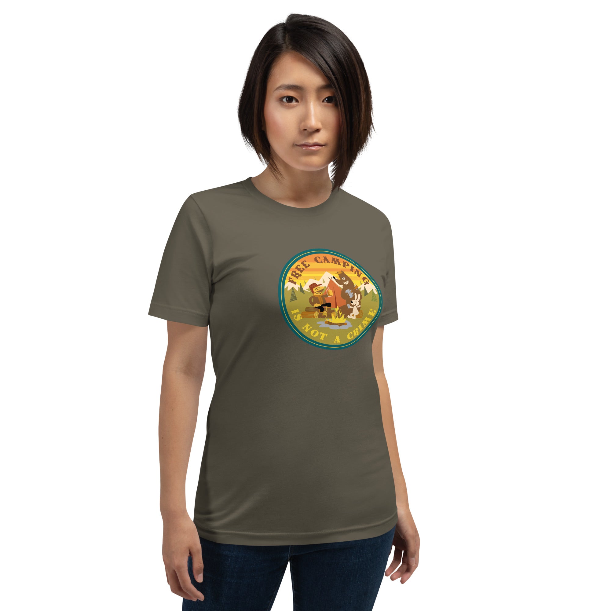 Unisex cotton t-shirt Free Camping is not a Crime on greens