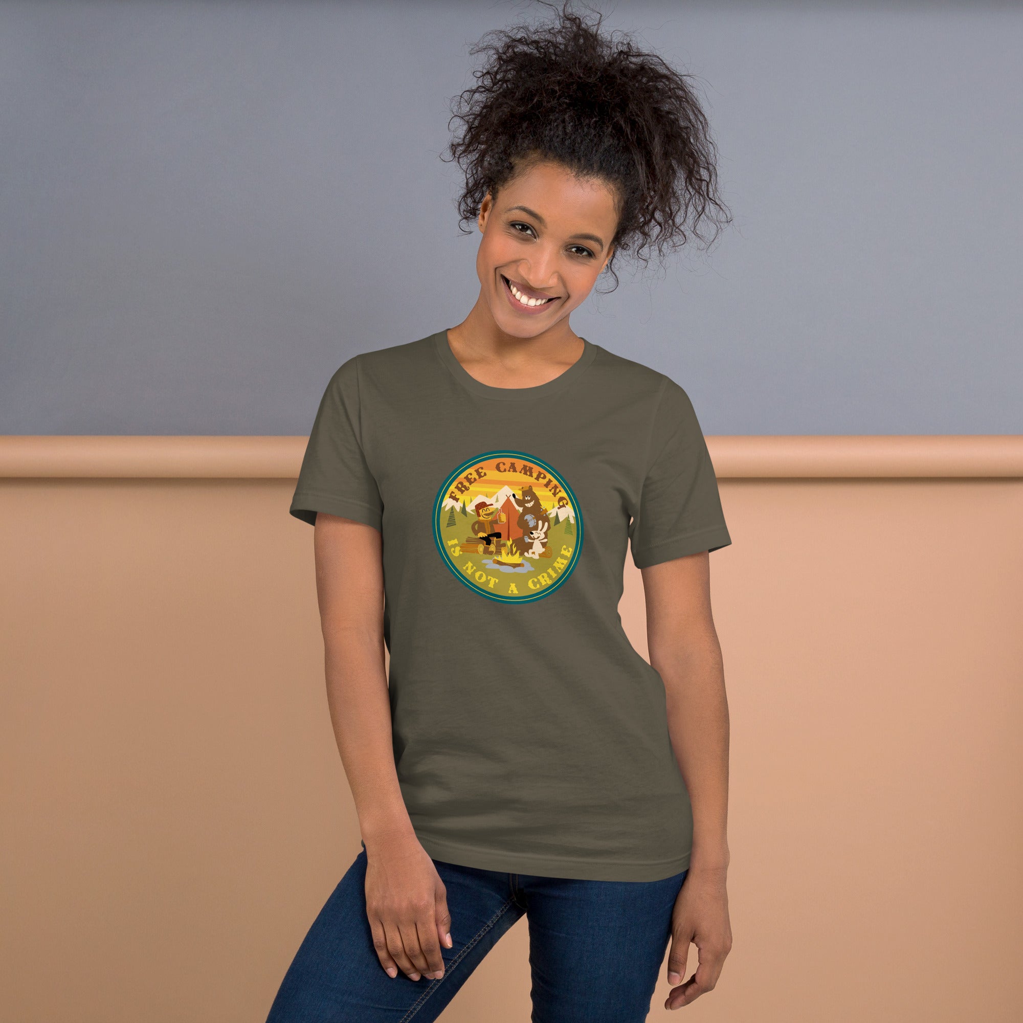 Unisex cotton t-shirt Free Camping is not a Crime on greens