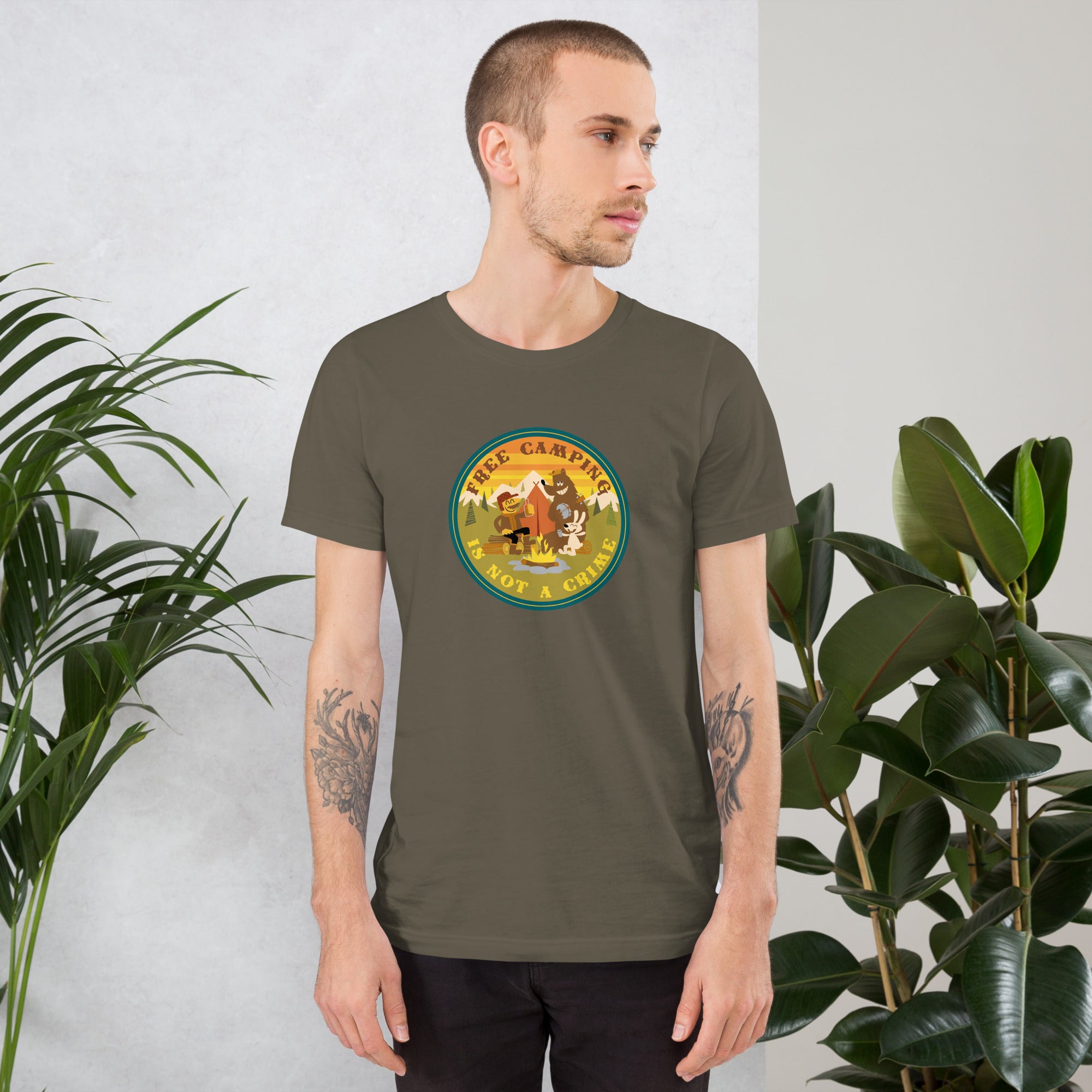 Unisex cotton t-shirt Free Camping is not a Crime on greens