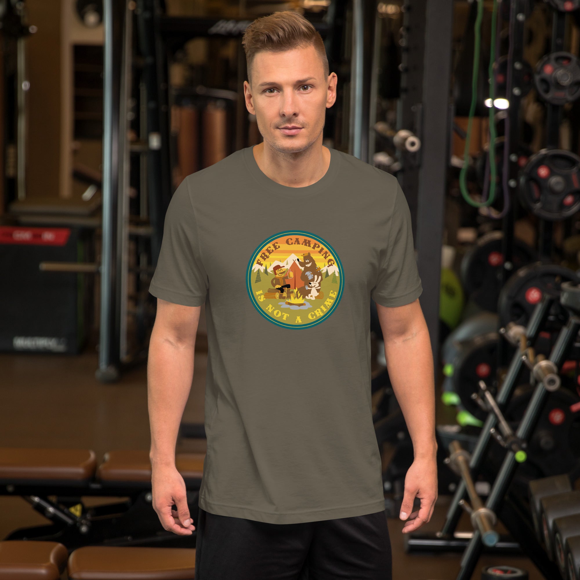 Unisex cotton t-shirt Free Camping is not a Crime on greens