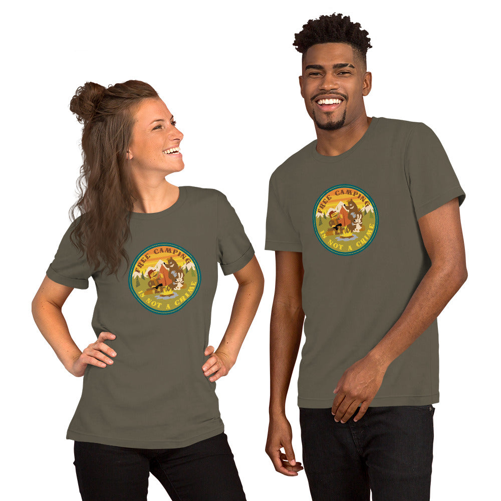 Unisex cotton t-shirt Free Camping is not a Crime on greens