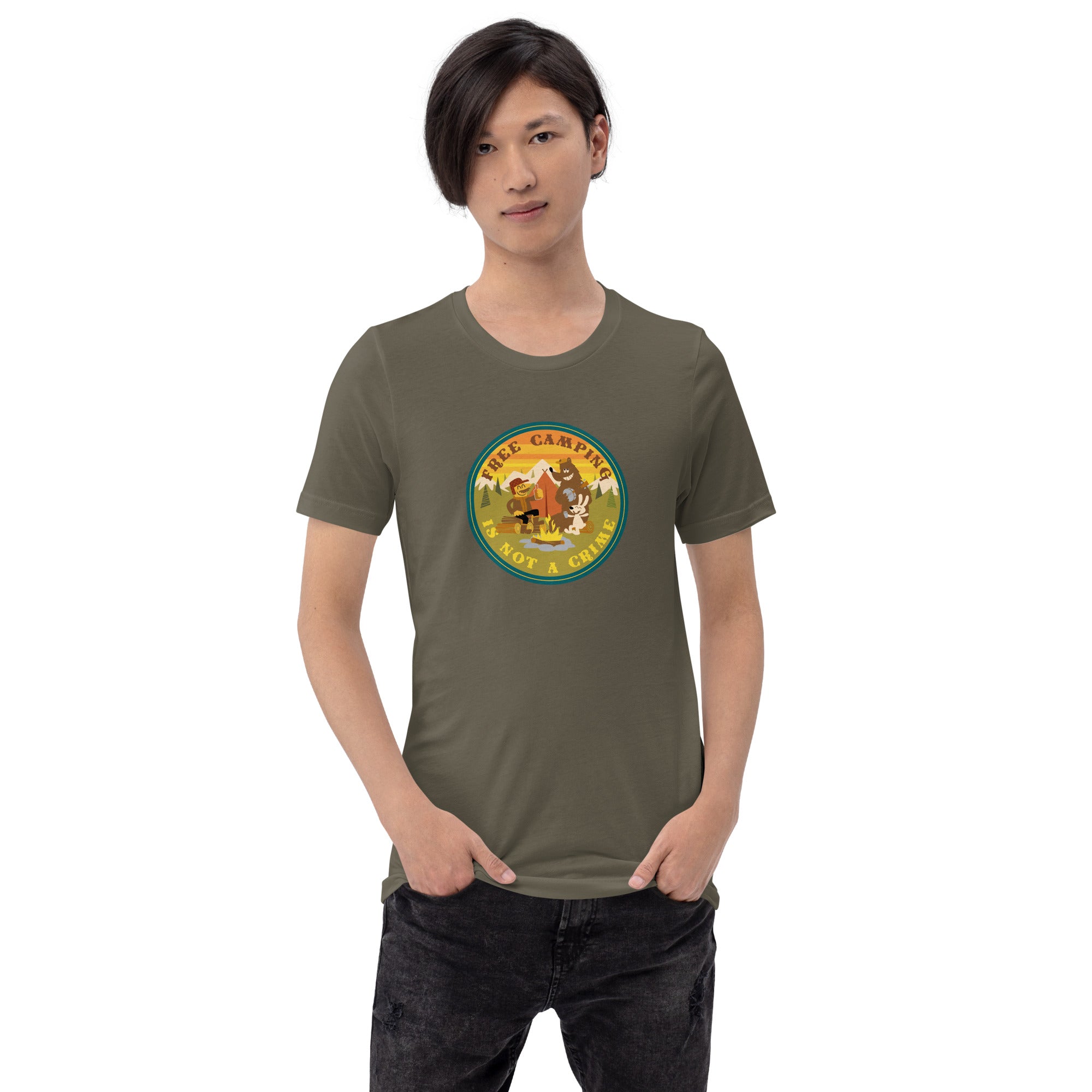 Unisex cotton t-shirt Free Camping is not a Crime on greens
