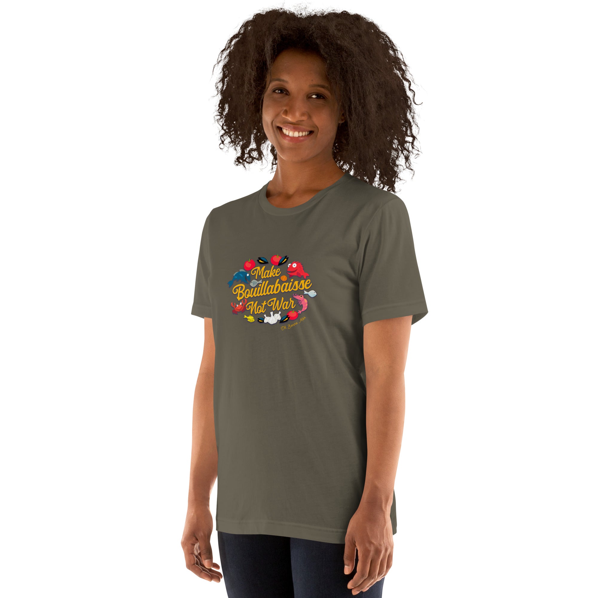 T-shirt en coton unisexe Make Bouillabaisse Not War sur couleurs foncées