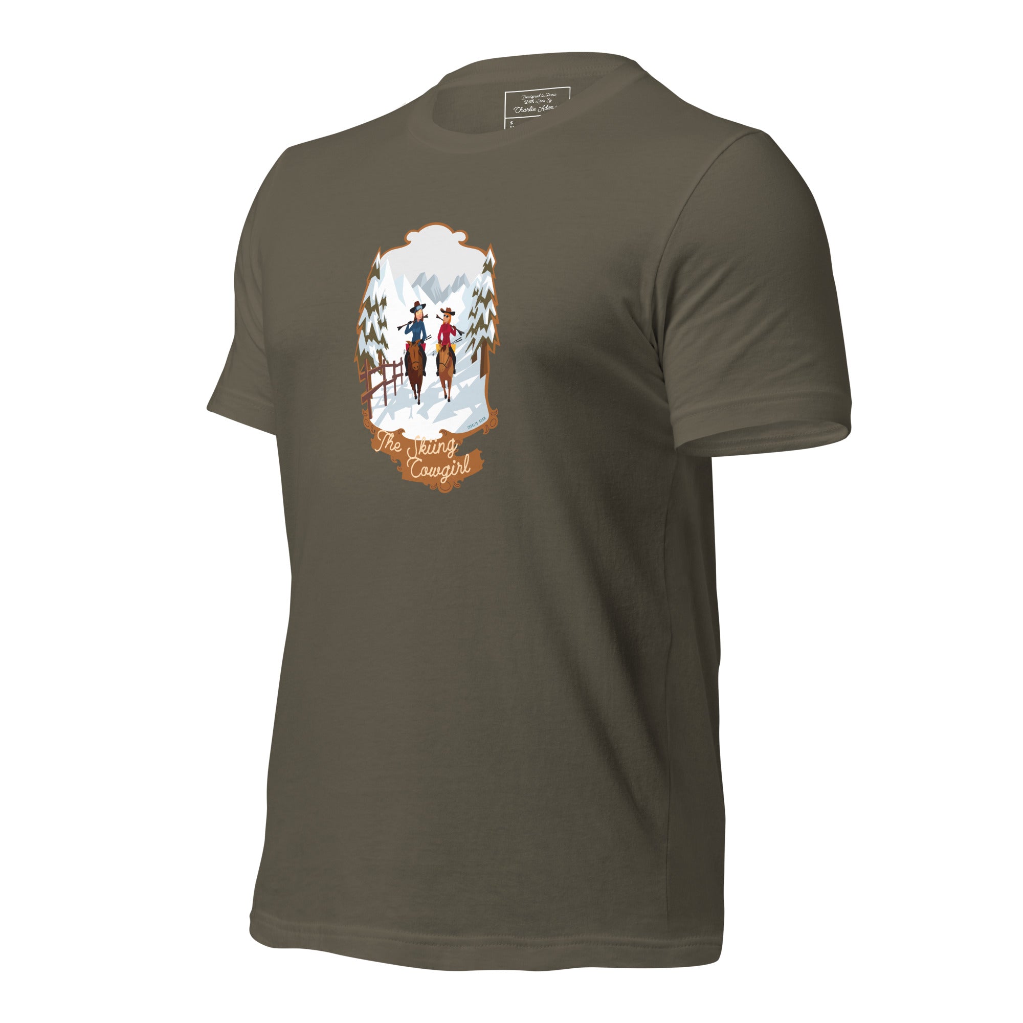 T-shirt en coton unisexe The Skiing Cowgirl sur couleurs foncées