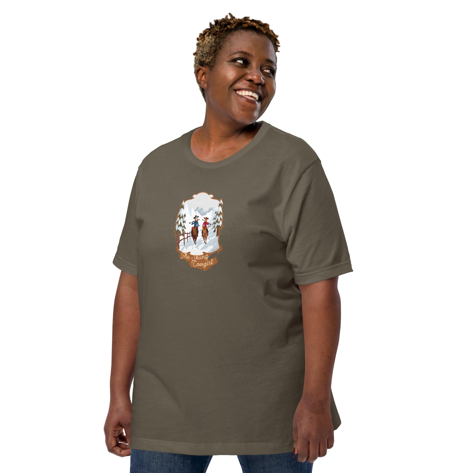 T-shirt en coton unisexe The Skiing Cowgirl sur couleurs foncées