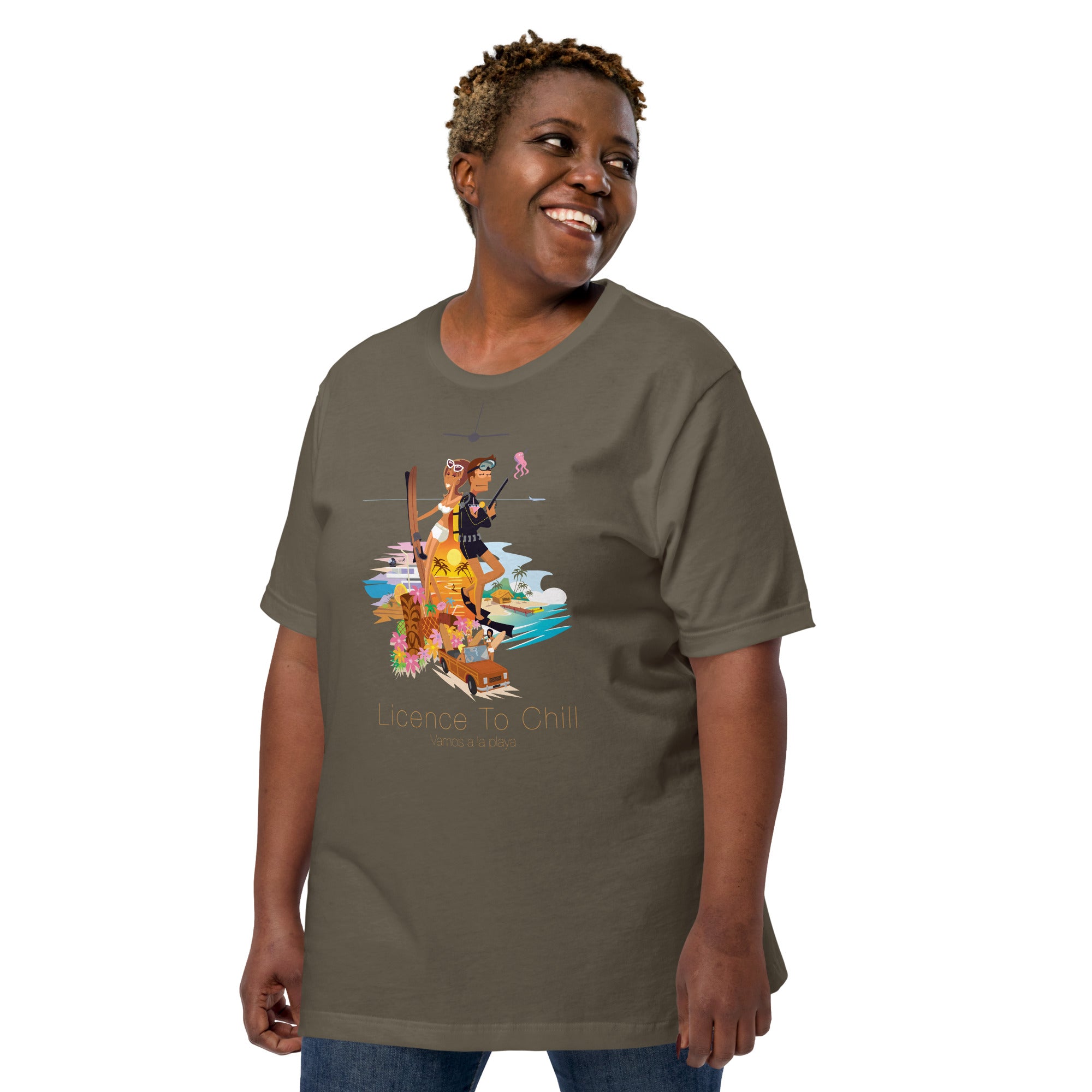 Unisex cotton t-shirt License to Chill Vamos a la Playa on Green