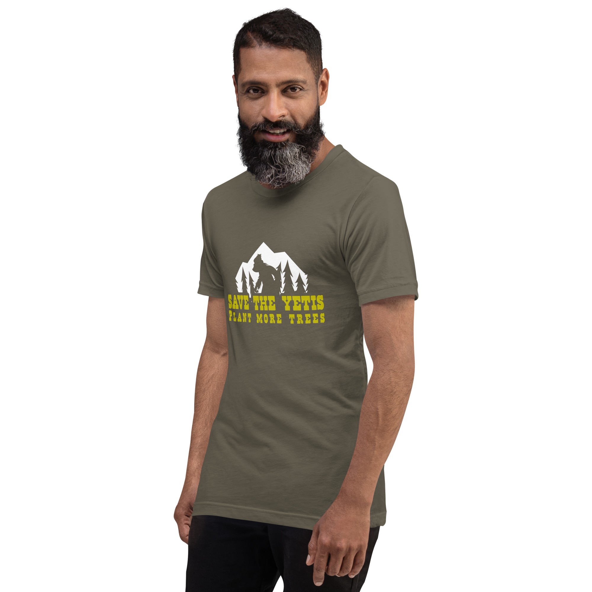 Unisex cotton t-shirt Save the Yetis Plant more Trees on Green (front & back)